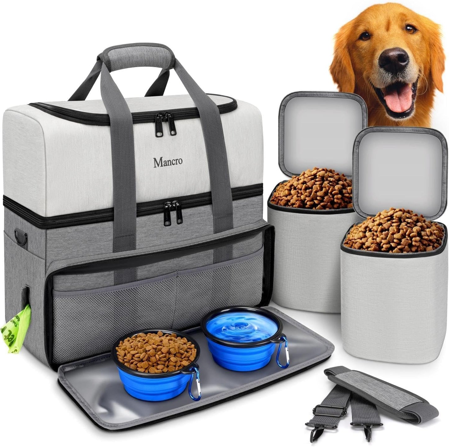 Mancro Dual Layers Dog Travel Bag, Dog Mom Gifts, Road Trip Essentials | Pet Travel Bags with 2 Extra Large Food Containers, 2 Collapsible Dog Bowls, Multi-Pockets Tote Organizer for Pet Supplies