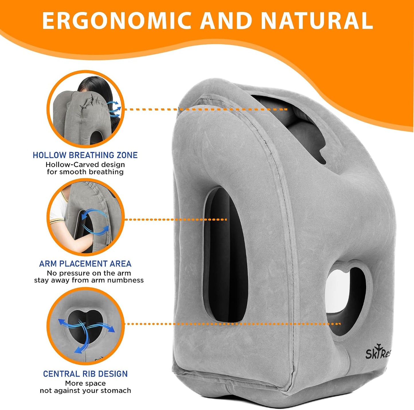 Inflatable Travel Pillow - Airplane Pillow for Neck Support on Long Flights, Buses, Cars, Office & Trains - Comes with Eye Mask, Earplugs & Portable Drawstring Bag - Grey