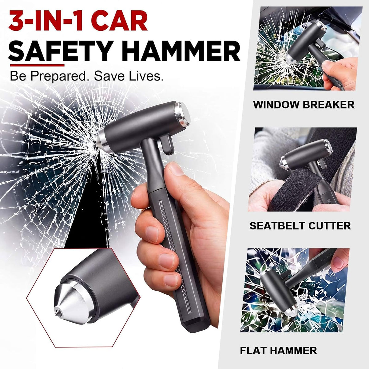 2 Pack 6.9" Heavy Duty Car Window Breaker, Tungsten Carbide Emergency Escape Tool for Laminated Glass, All Metal Safety Hammer with Seat Belt Cutter for Modern Vehicles