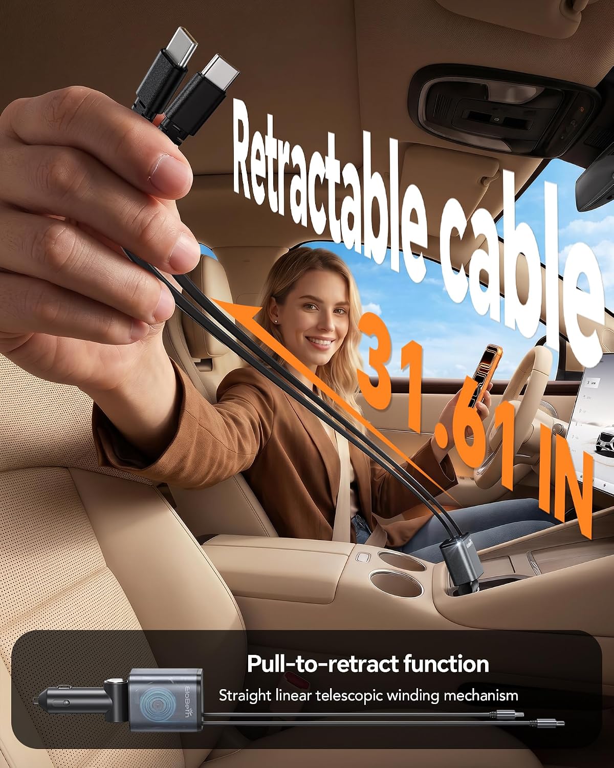 Retractable Car Charger for iPhone 18 Pro,75W Car Charger USB C Fast Charge