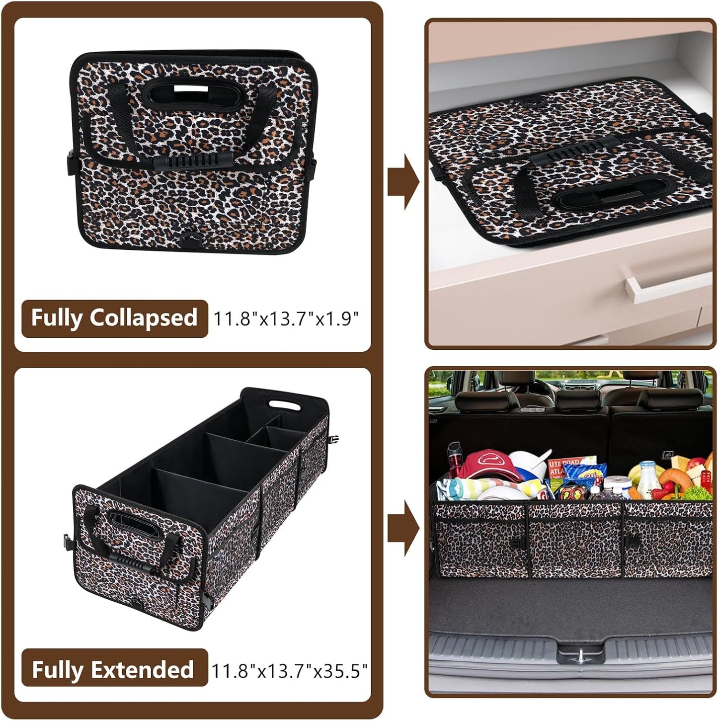 AOPHY Leopard Print Trunk Organizer - 95L Large Capacity, Non-Slip Bottom, Waterproof, Portable Car Storage for SUV, Truck, Sedan
