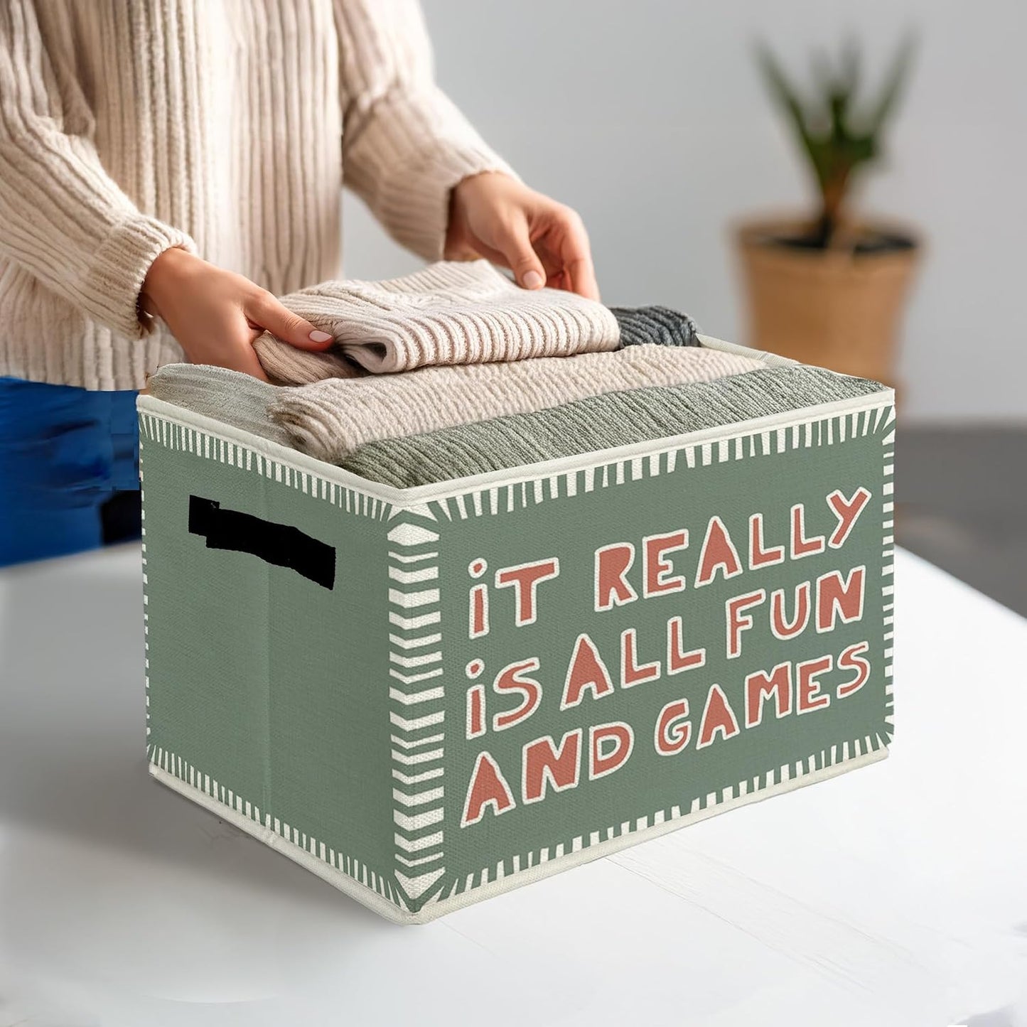 Retro Green Playroom Storage Bins & Boxes with Handles, Kids Foldable Basket for Organizing, It Really Is All Fun and Games Collapsible Storage Basket for Bedroom Bathroom Clothes Toys Books