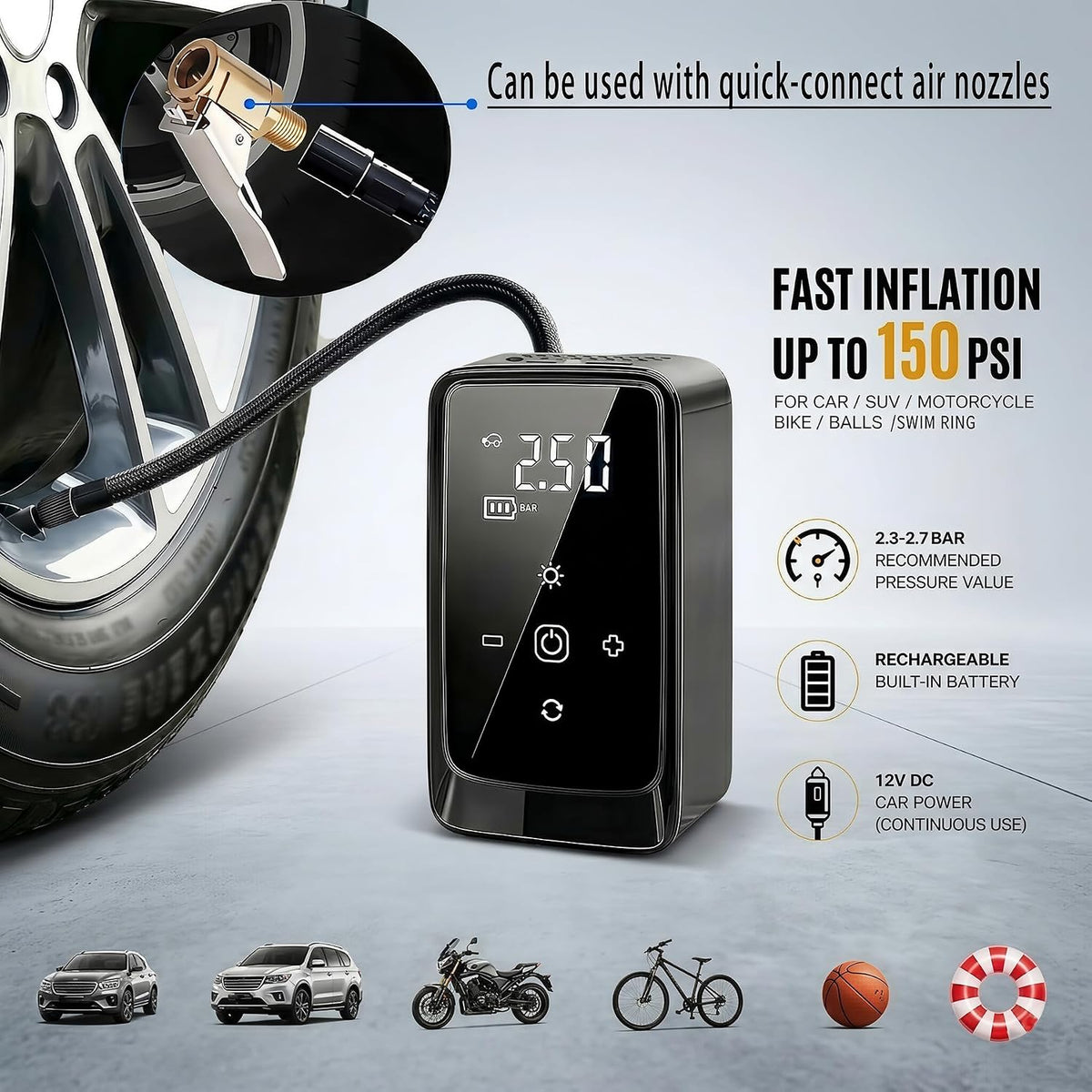 Tire Inflator Portable Air Compressor, Dual Power 12V DC/Rechargeable