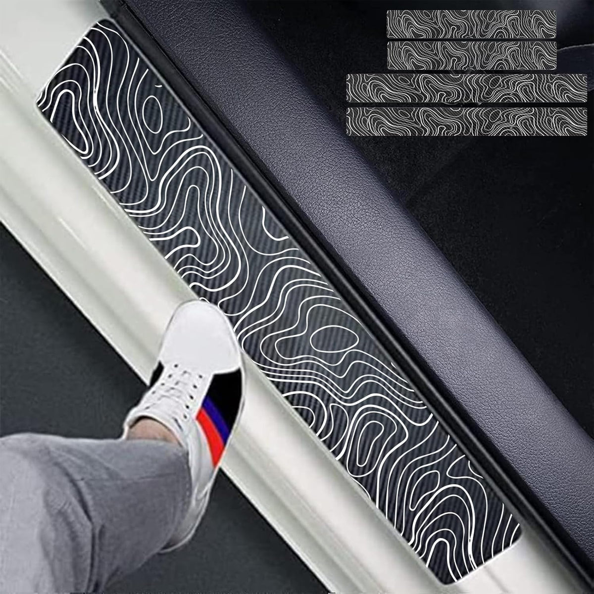 4pcs Topographic Topography Map Exploration Discover Carbon Fiber Car Door Front/Rear Sill Plate Protectors, Reflective Sticker Decorative Door Entry Guard Door Threshold Scratch Pad Film