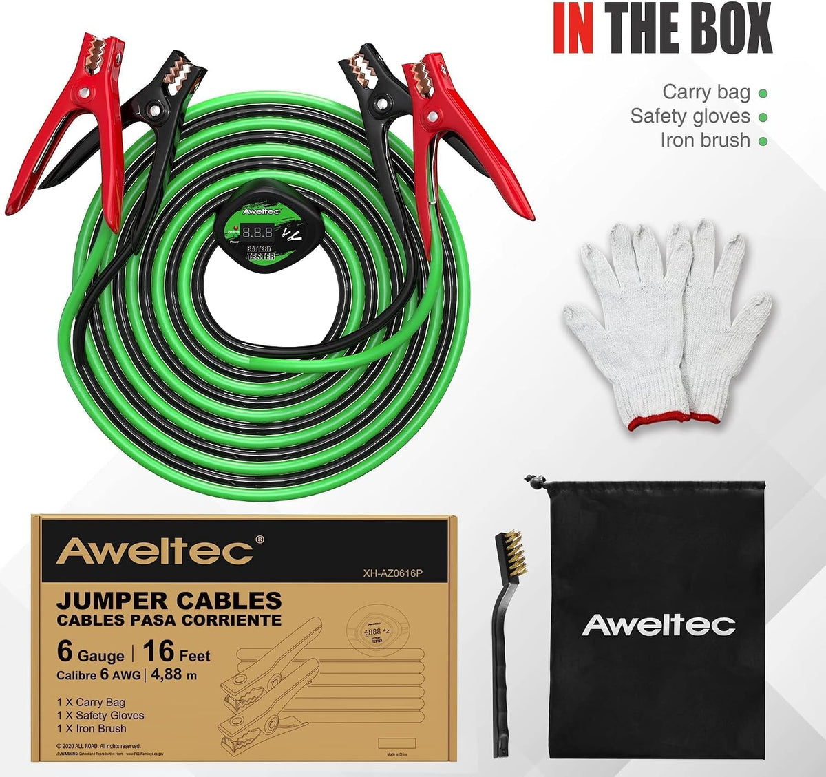 6 Gauge 16 Feet Jumper Cables with Voltage Display,For Cars Truck