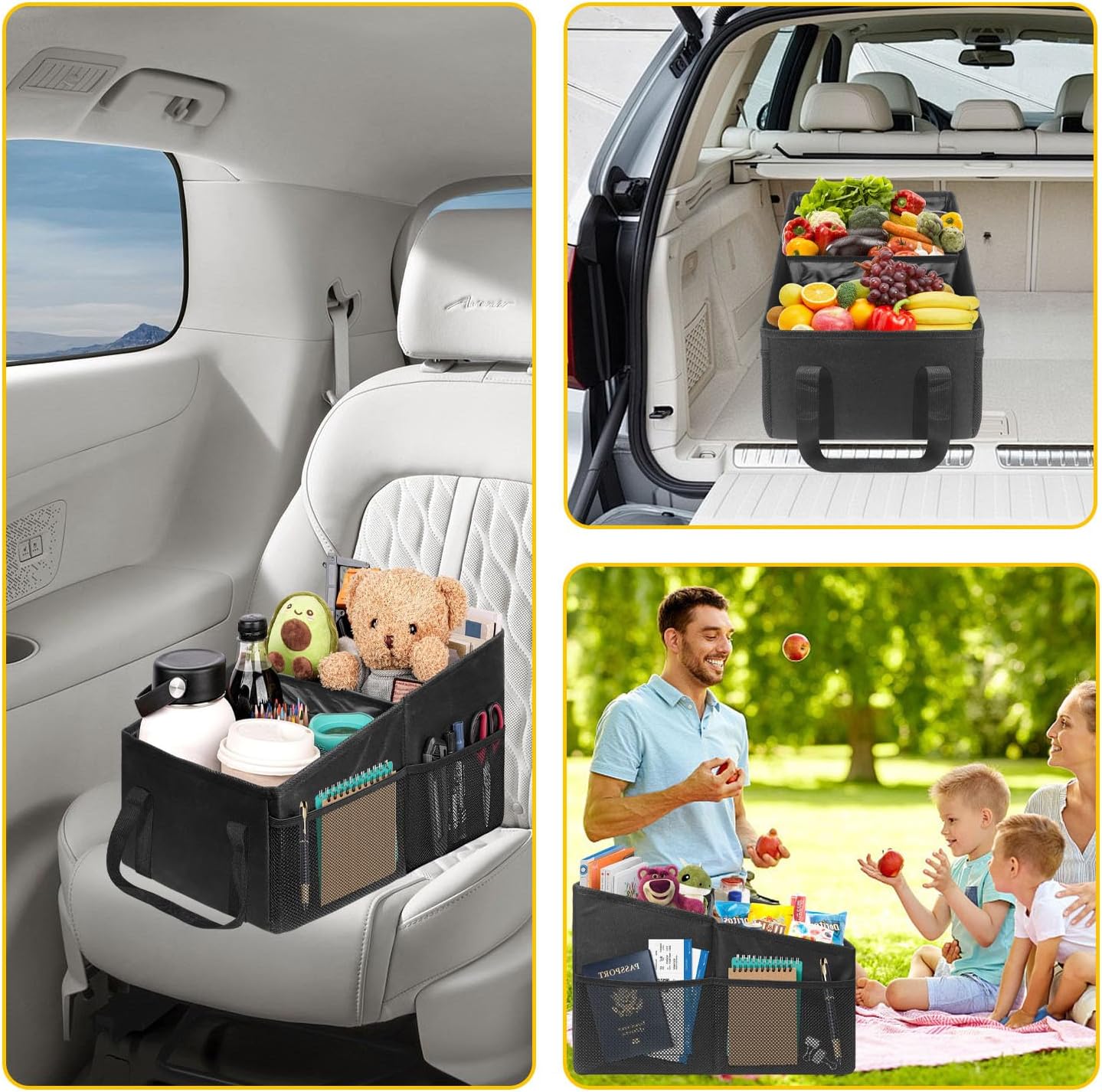 Car Organizer, Car Backseat Organizer for kids, Car Organizer with Divide, Handles and Multiple Mesh Pockets, Passenger Seat Organizer, Travel Accessories Collapsible Small Car Seat Storage Caddy