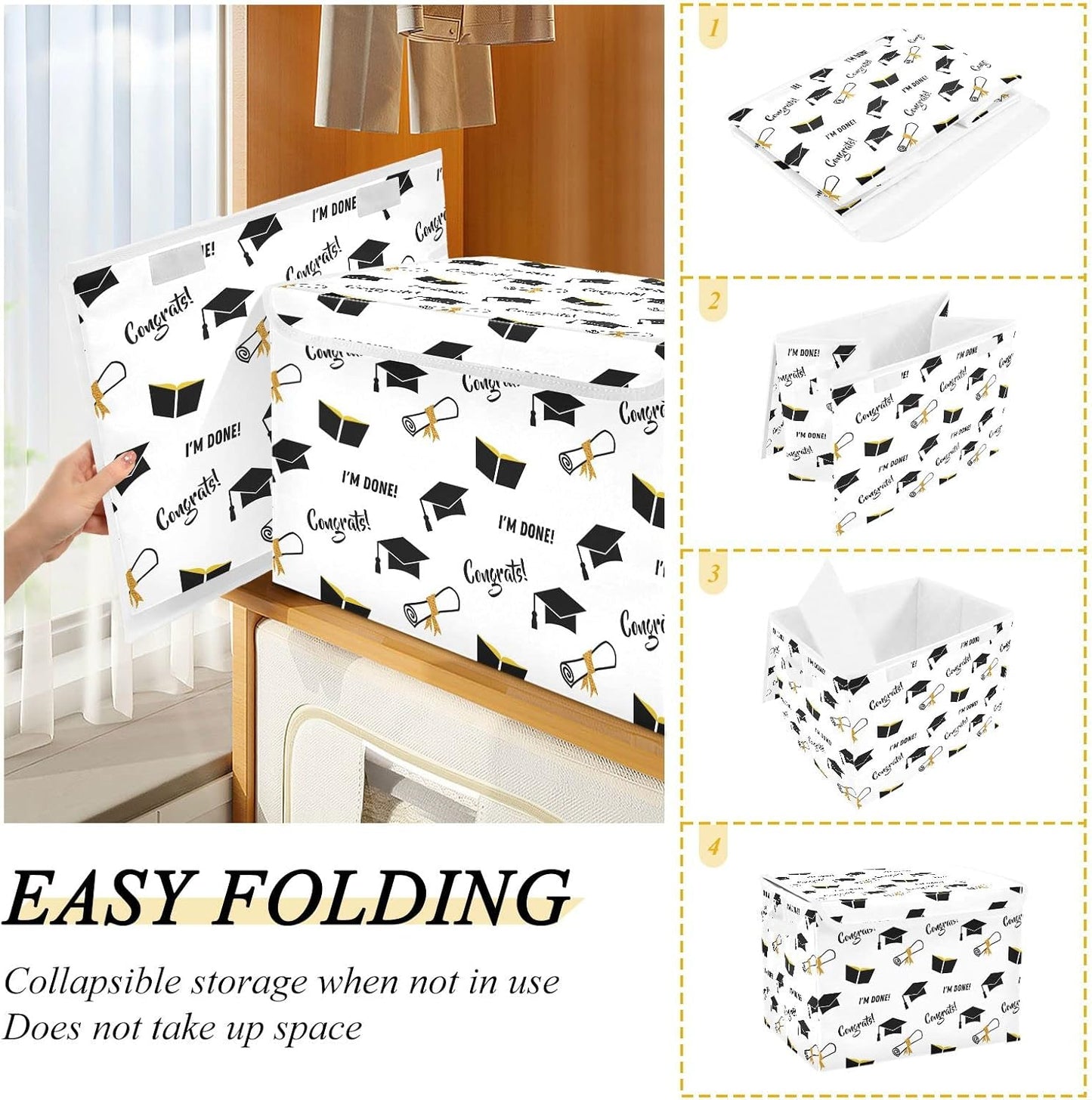 CaTaKu Graduation Black Golden Storage Bins with Lids Fabric Large Storage Container Cube Basket with Handle Decorative Storage Boxes for Organizing Clothes Shelves