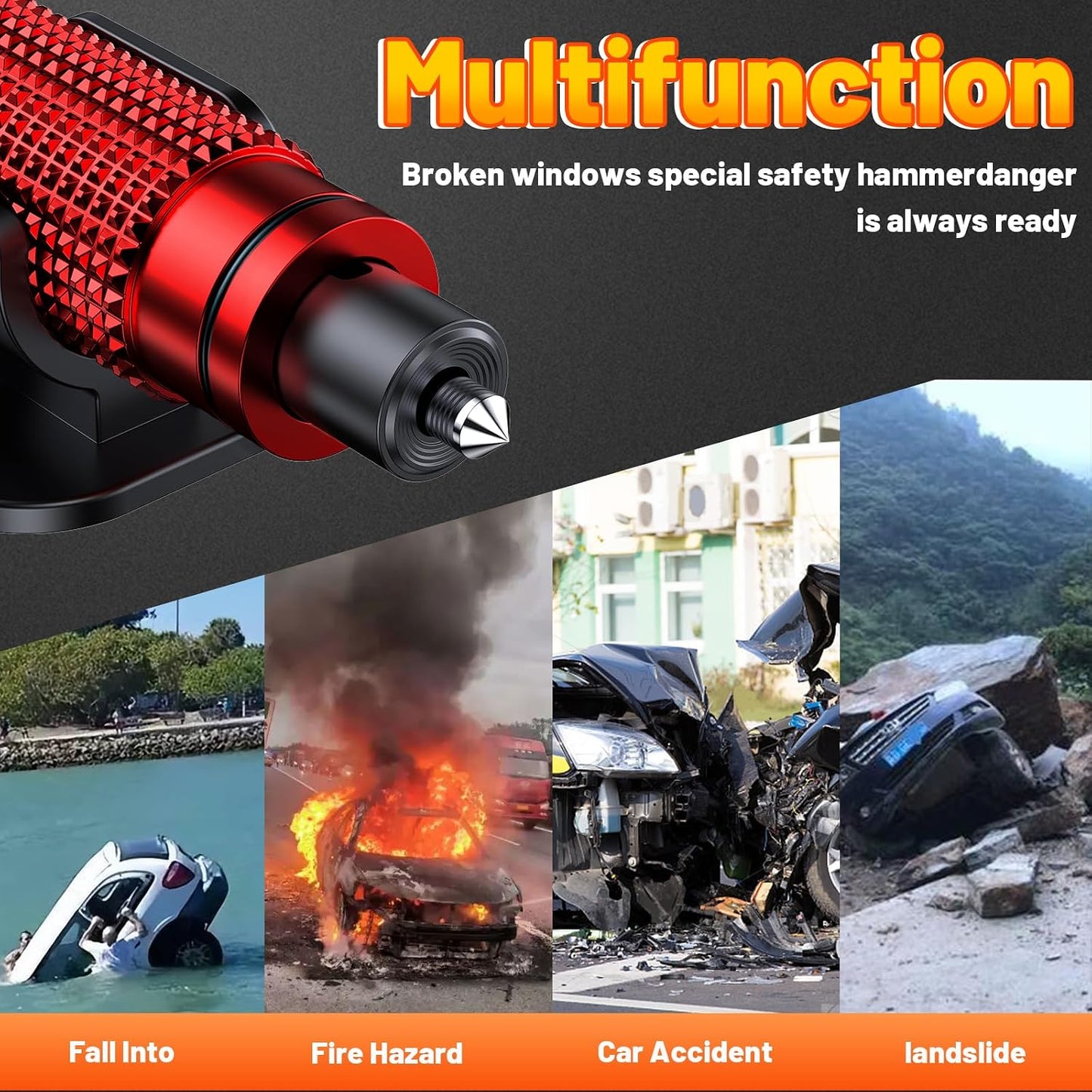 smosun Safehammer - Upgraded Safe Hammer Glass Breaker Under Water, Car Hammer Seatbelt Cutter Window Breaker Emergency Escape Tool, Safehammer Glass Breaker for New Cars (3PCS Red & Black & Silver)