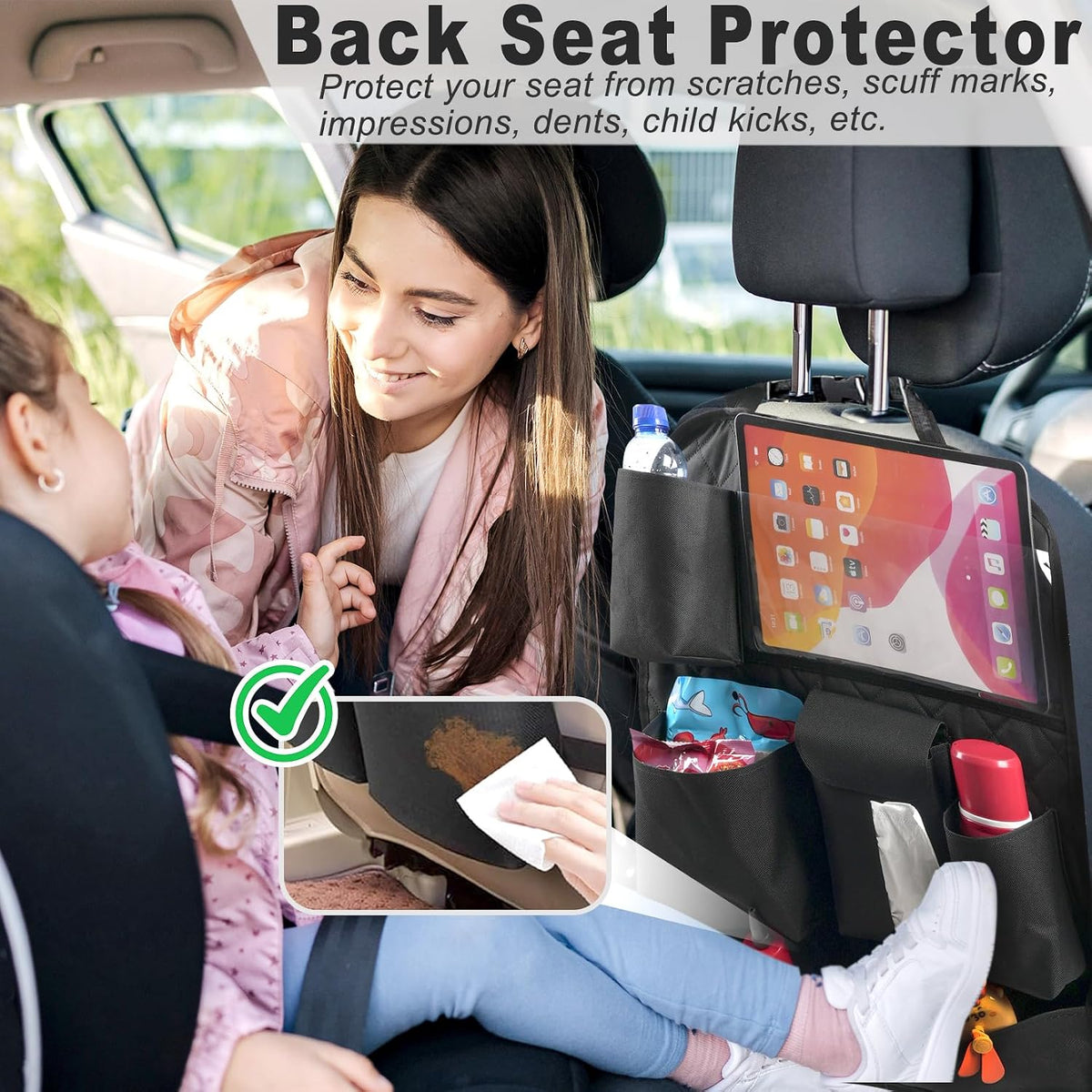 XDV Car Seat Organizers,Multi-functional Back Seat Protectors, Storage Pouches, Child kicking prevention and Tray Holders Kick Mats Back (for Cars, Kids,and Rear Seats) (Black, 2 Pack)