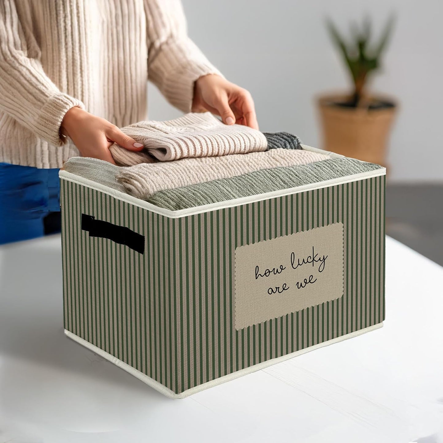 Inspirational Storage Bins & Boxes with Handles, How Lucky Are We Foldable Basket for Organizing, Green Striped Motivational Collapsible Storage Basket for Bedroom Bathroom Clothes Toys Books