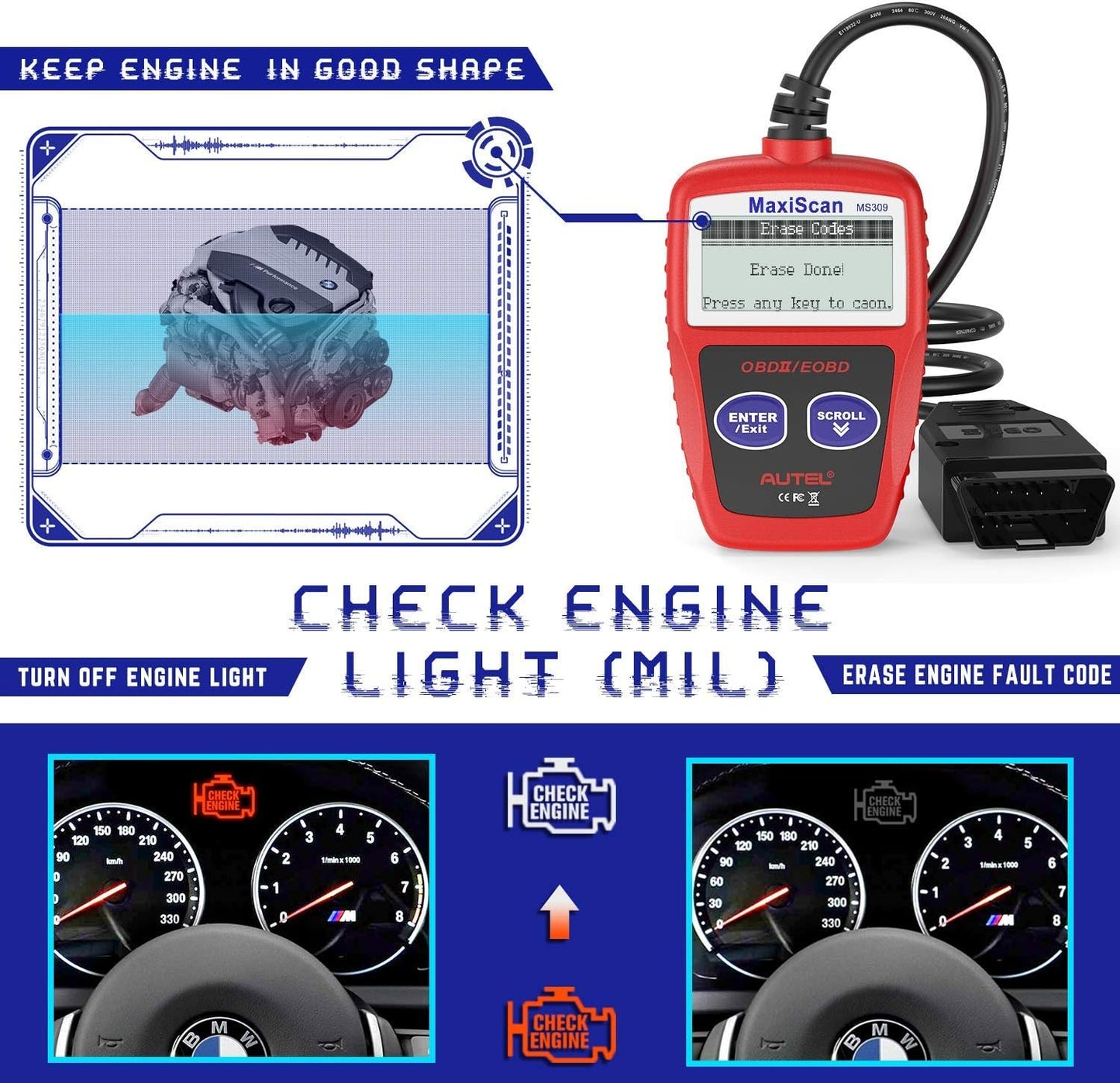 Autel OBD2 Scanner MS309 Universal Car Engine Fault Code Reader, Check Engine Light and Emission Monitor Status, OBDII CAN Diagnostic Scan Tool