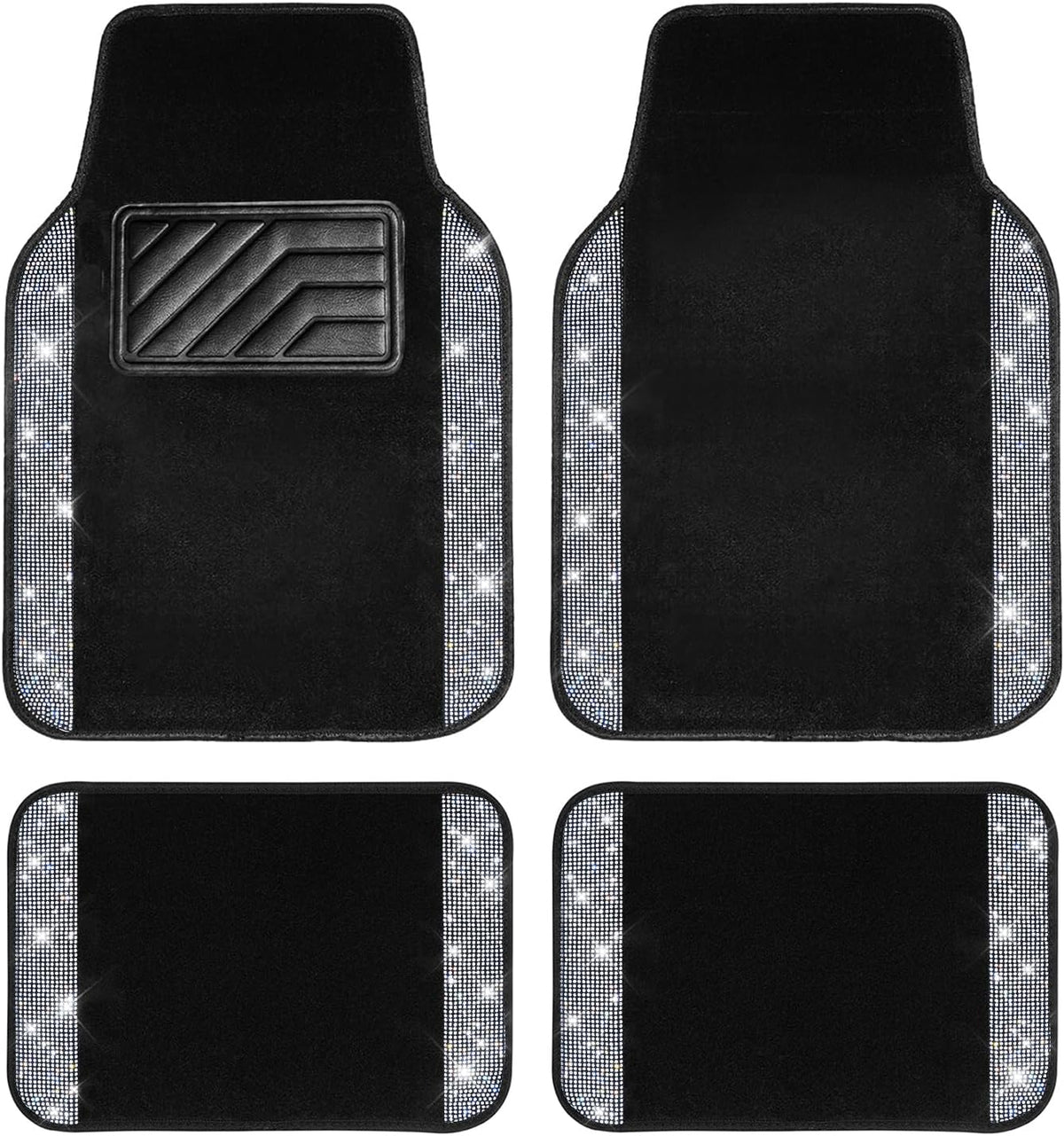 CAR PASS Bling Diamond Car Floor Mats, Shining Rhinestone Carpet Sparkly Glitter Crystal with Anti-Slip PVC Heel Pad Waterproof Universal Fit Automotive SUV,Sedan,Van,Cute Girl Women,4pcs Black Sliver