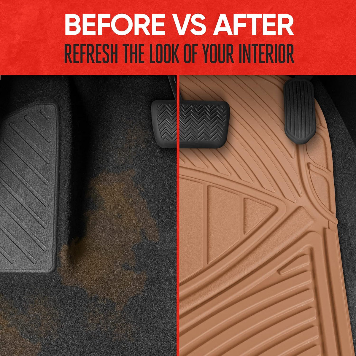 Motor Trend FlexTough Performance All Weather Rubber Car Floor Mats - 3 Piece Floor Mats Automotive Liners for Cars Truck SUV, Heavy-Duty Waterproof (Beige)