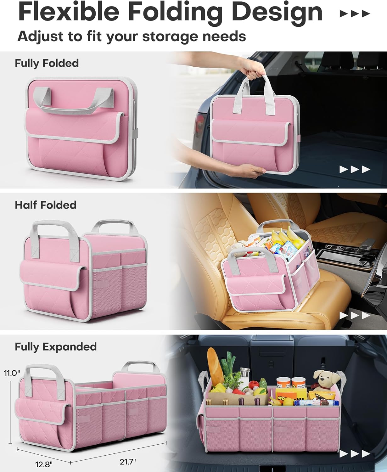 HOTOR Trunk Organizer for SUV – Foldable & Portable Car Organizers and Storage with 2 Compartments, Large Capacity Car Trunk Organizer Car Accessories for Truck Sedan, Pink, 21.7" x 12.8" x 11.0"