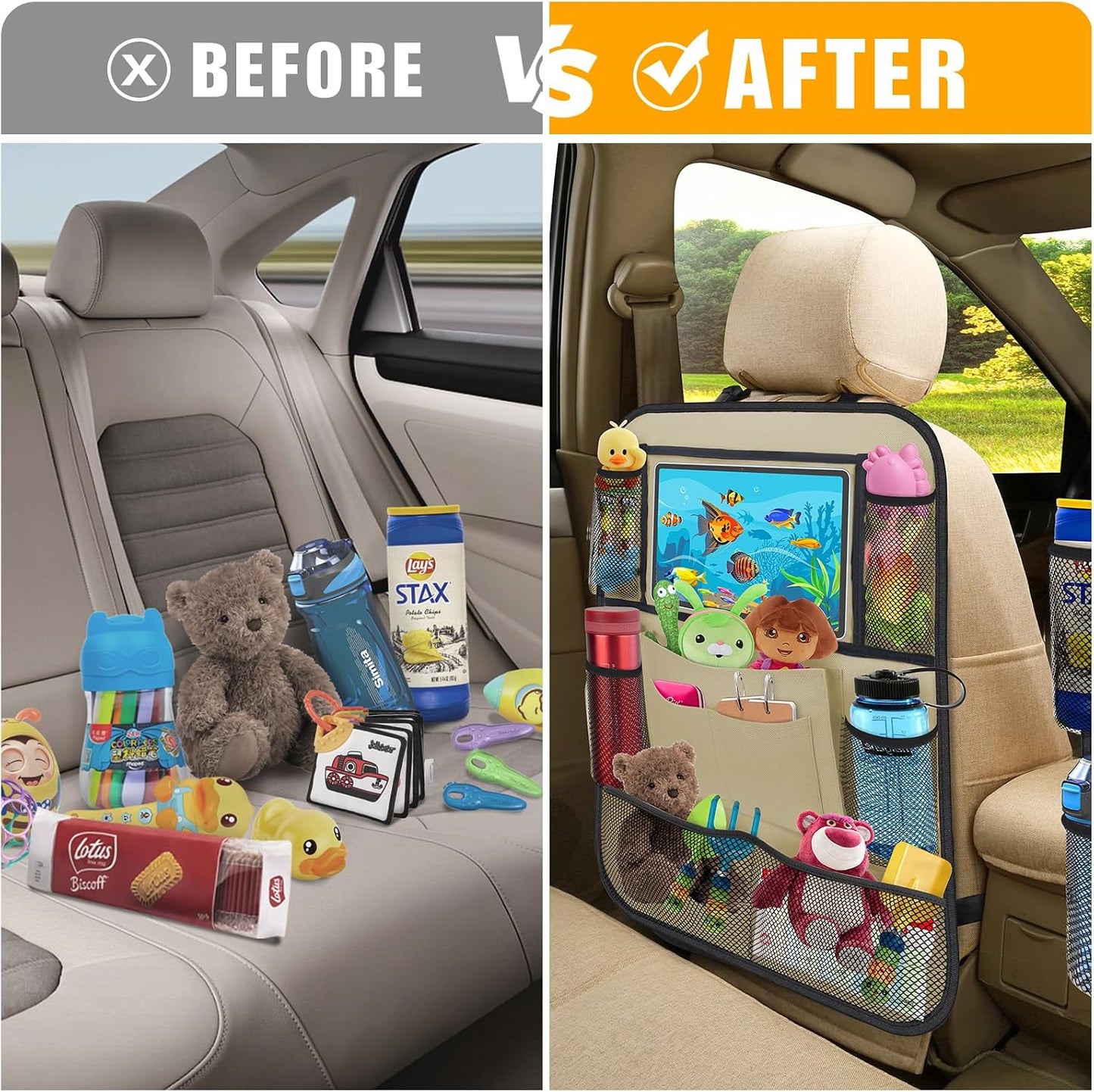 ULEEKA Car Backseat Organizer with 11" Table Holder, 10 Storage Pockets Seat Back Protectors Kick Mats for Kids Toddlers, Travel Accessories, 2 Pack, Beige