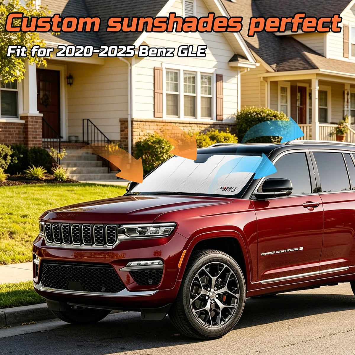 Windshield Sun Shade Compatible for 2020-2025 Benz GLE GLS Silver Reflective Foldable Front Sun Visor Sunshade Protector with Storage Bag Keep Interior Cool