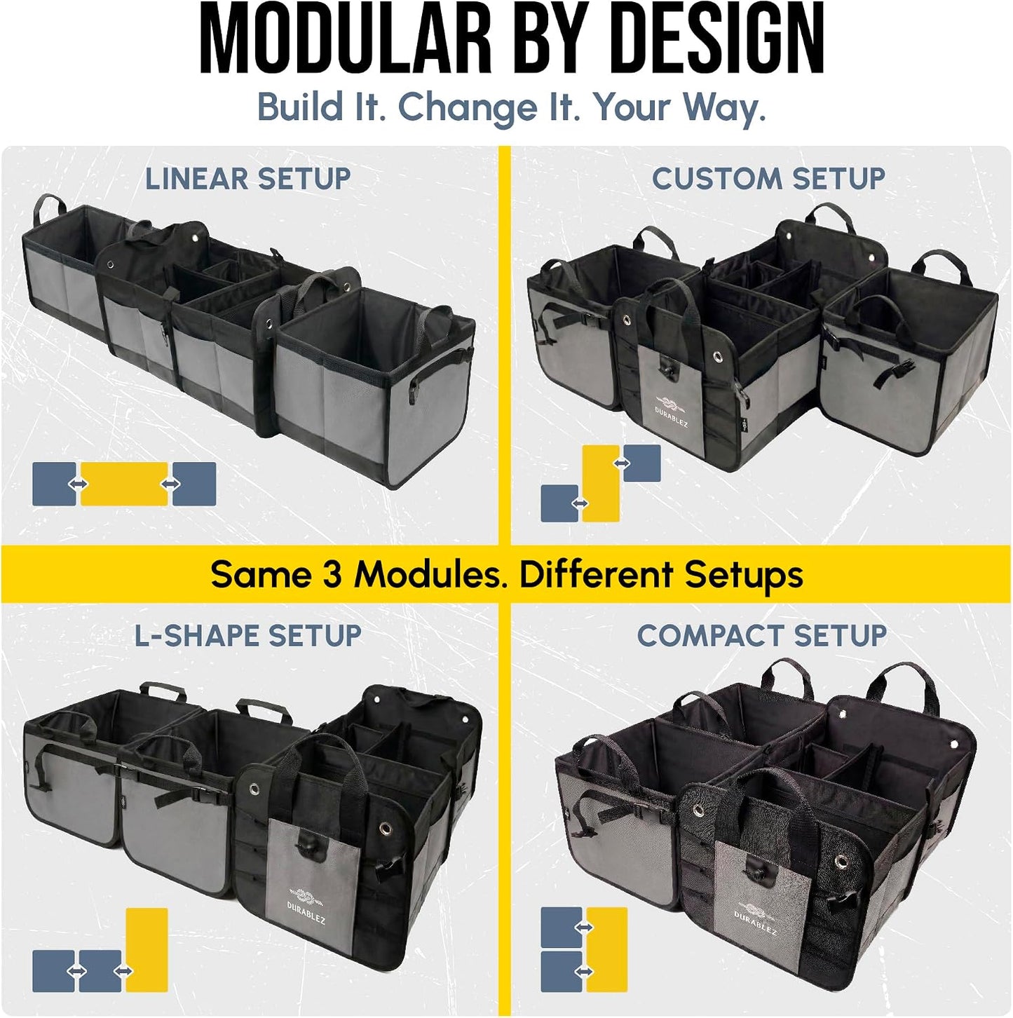 Modular 4-Section XL Trunk Organizer – Car Storage for Groceries, Tools, Sports Gear, Emergency Kits – Extra Large Multi-Compartment Cargo Box, Collapsible &amp; Heavy Duty – Gray