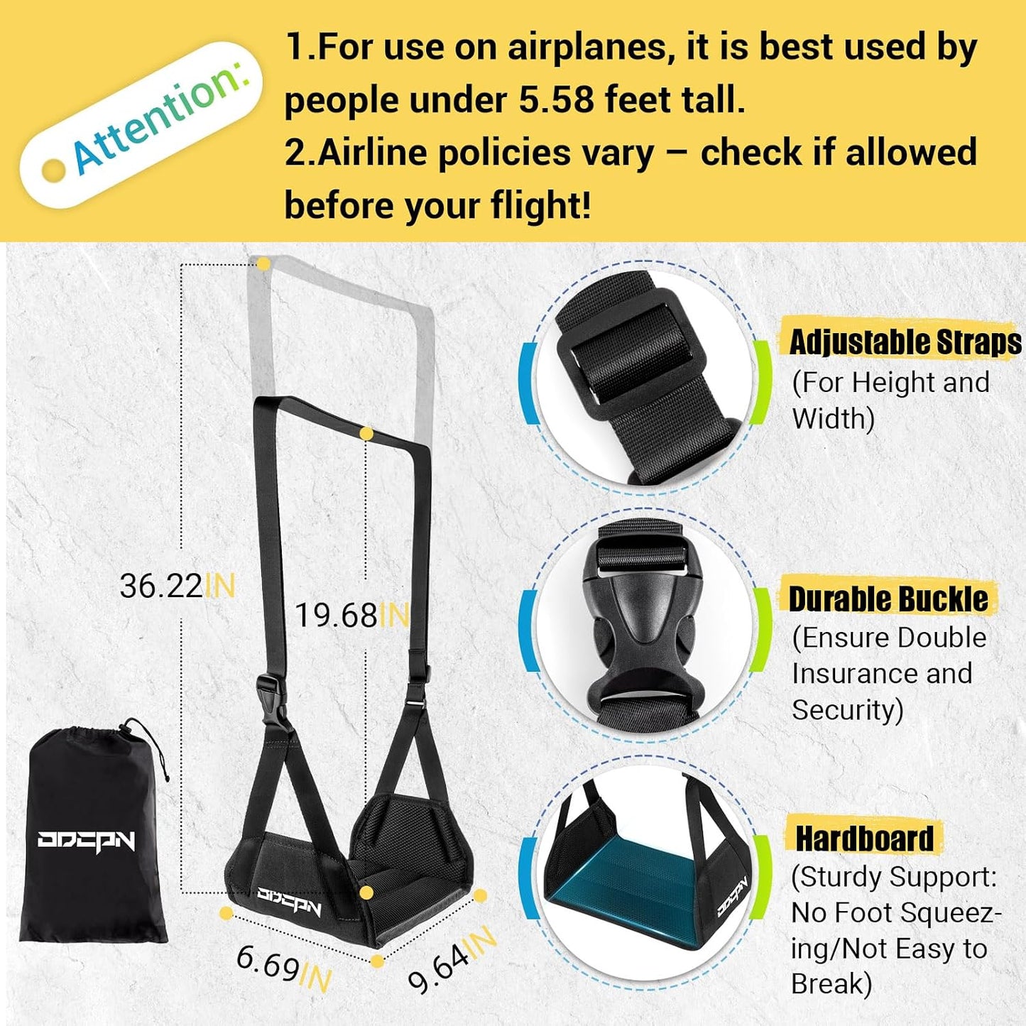 2-Pack Foot Hammock for Plane Travel, No Collapse Thickened Bamboo Airplane Foot Rest with Extended Adjustment Strap, Portable Desk Foot Hammock to Relax Your Feet, Foot Sling Travel Essentials(Black)