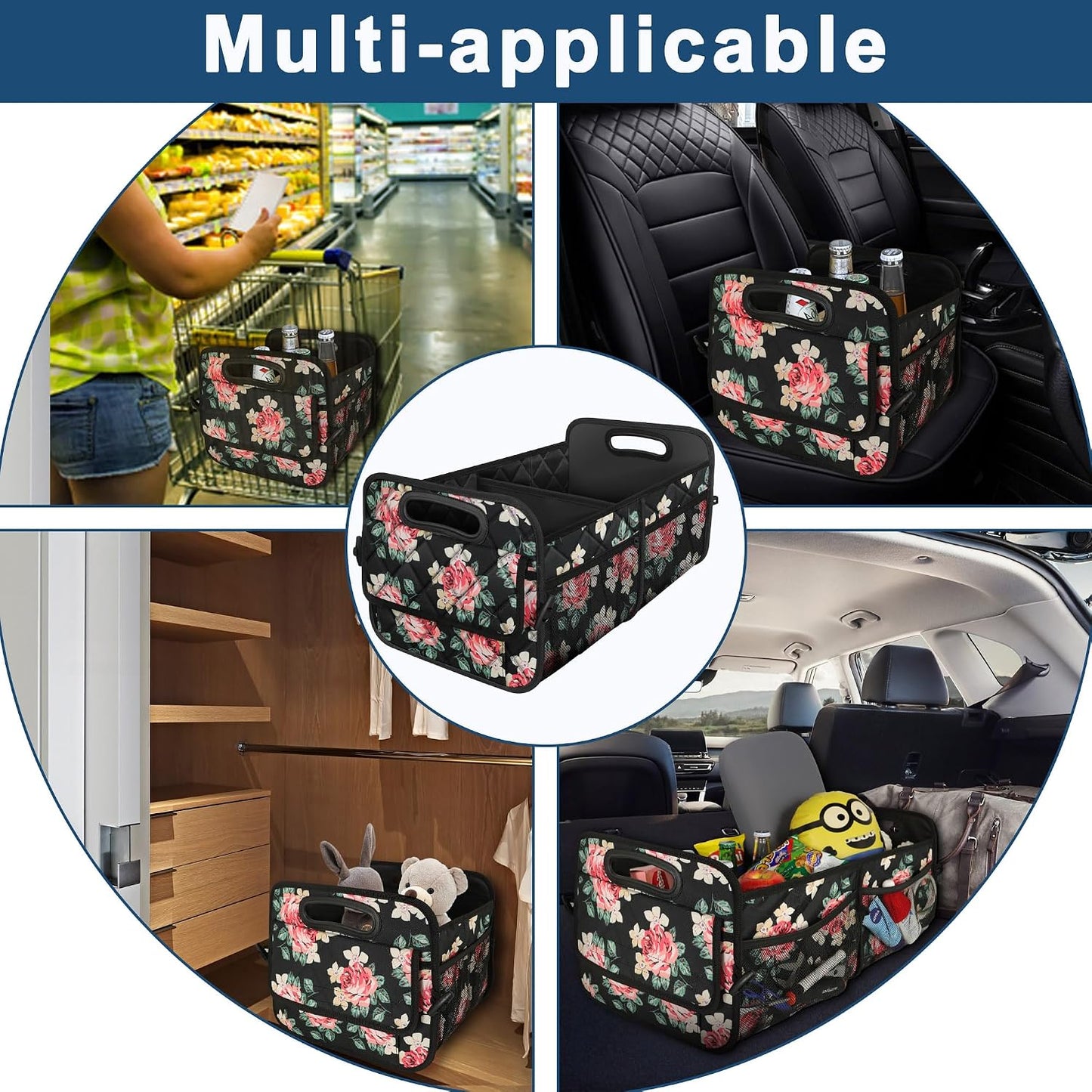 Deosk Trunk Organizer and Storage with Reinforced Handles,Car Accessories for Women/Men 50L Waterproof Polyester Trunk Organzier for Car/SUV/Minivan/Truck(Medium, Floral)