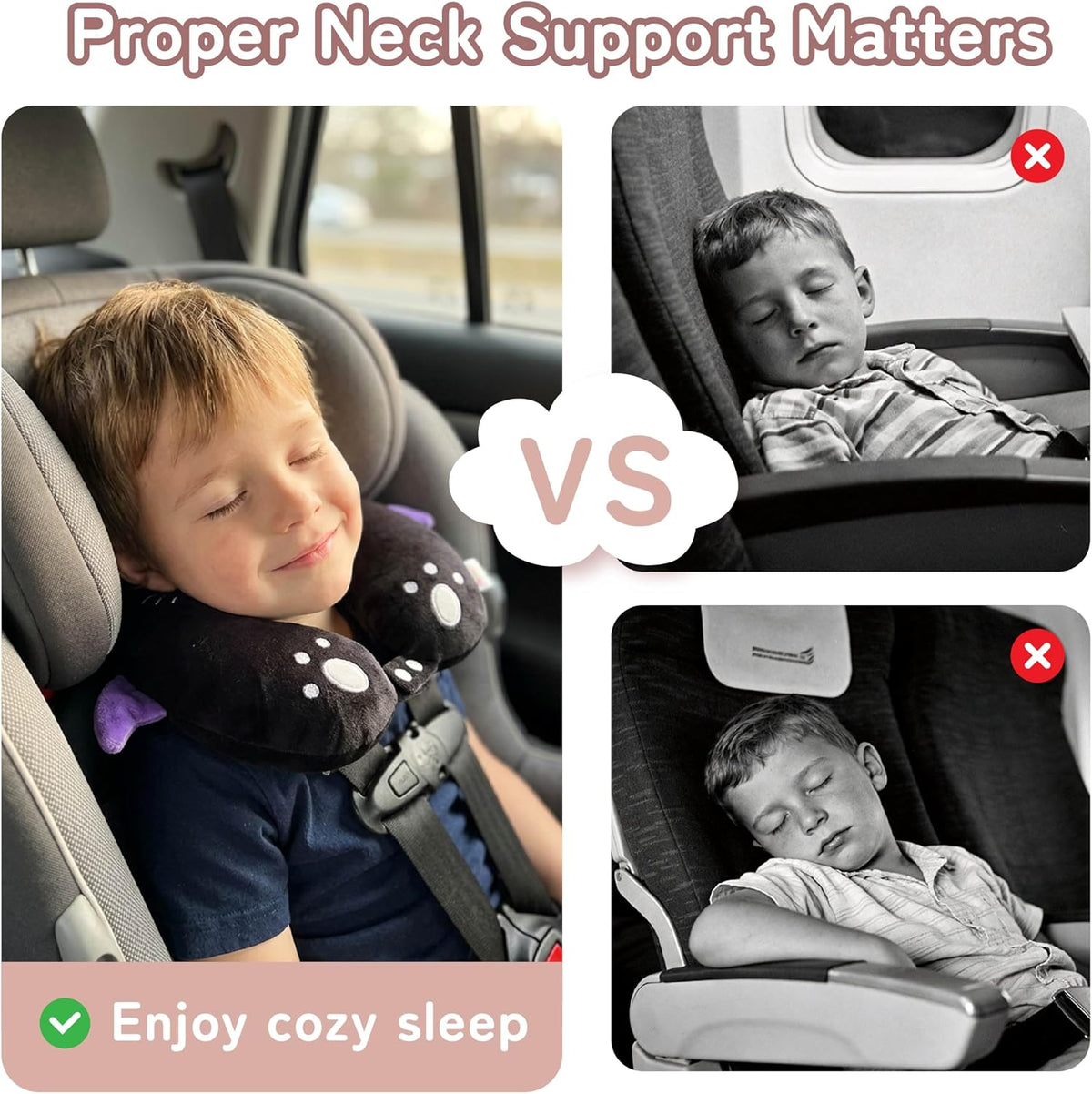 Niuniu Daddy Black Cat Kids Travel Neck Pillow (3-8 Y/O), Memory Foam Toddler Pillows for Head & Chin Support, Cute Sleeping Essentials for Car Seat, Airplane, Stroller and Long Road Trip