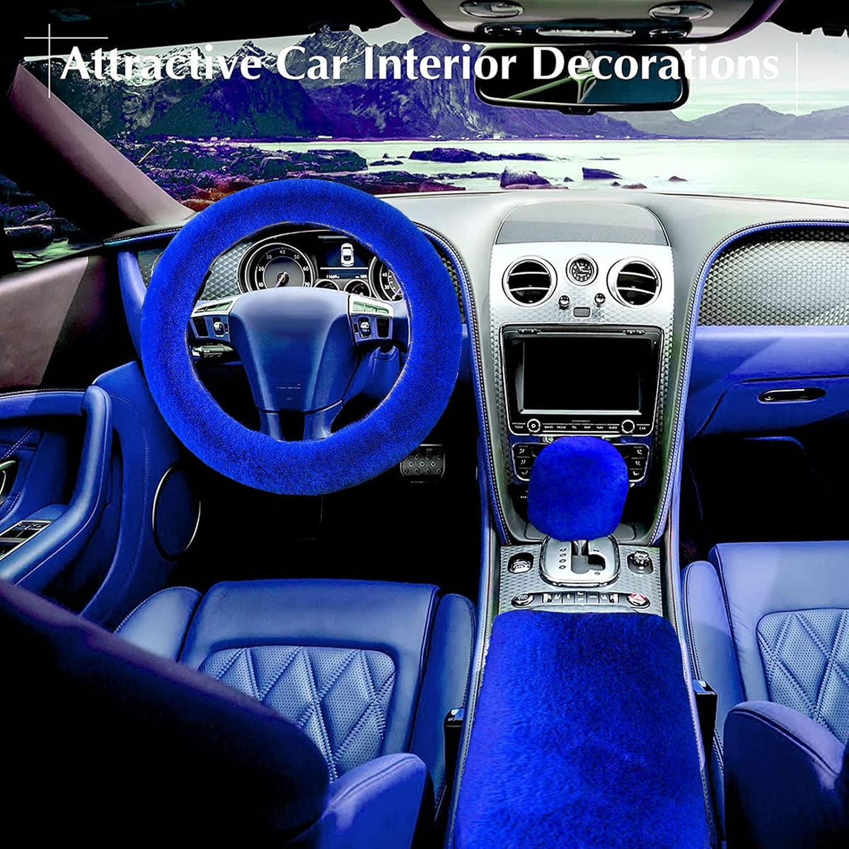 ZYNQACC 1 Set 8 Pieces Fluffy Steering Wheel Cover Set,Warm Soft Fuzzy Steering Wheel Covers for Women/Girls,Universal 15 Inches Girls Car Accessories (Royal Blue)