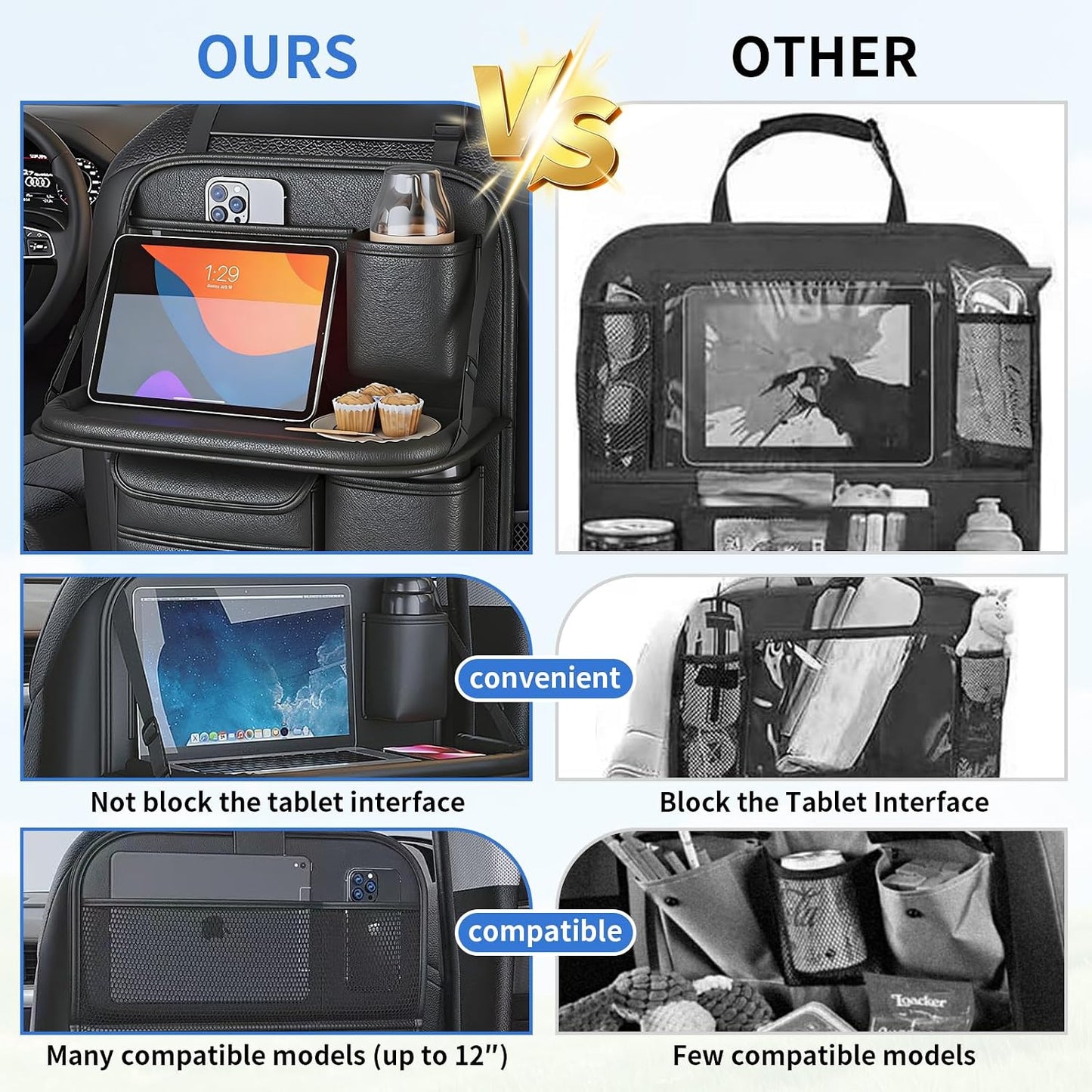 Car Backseat Organizer with Foldable Table Tray,Hanging Storage Bag with Touch Screen Phone Holder,Premium PU Leather Material,Compatible with Most Vehicles,Inner Car Accessories