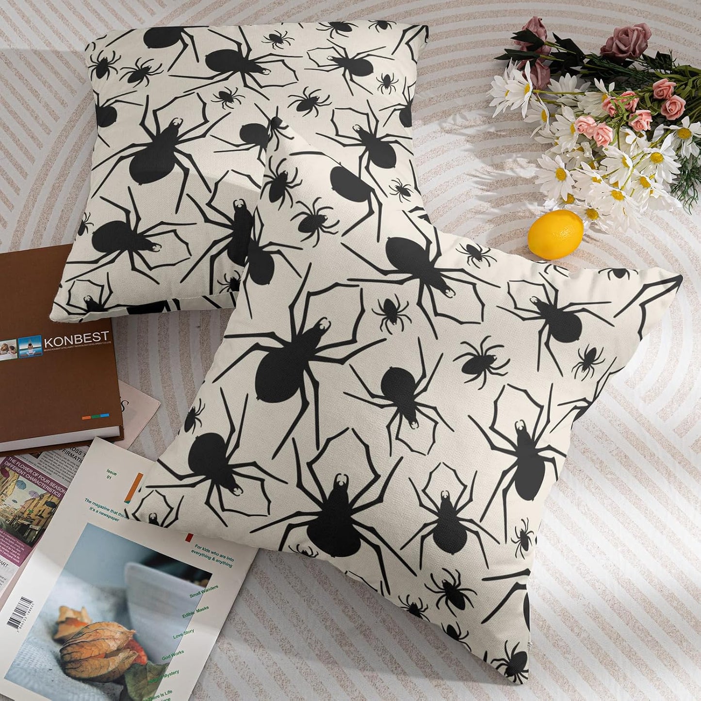 Robvobe Cream Halloween Pillow Covers 18x18 Set of 2 Black Spider Print Outdoor Decorative Throw Pillows Holiday Scary Themed Farmhouse Pillowcases Linen Cushion Case Decor for Home Sofa Couch Bed