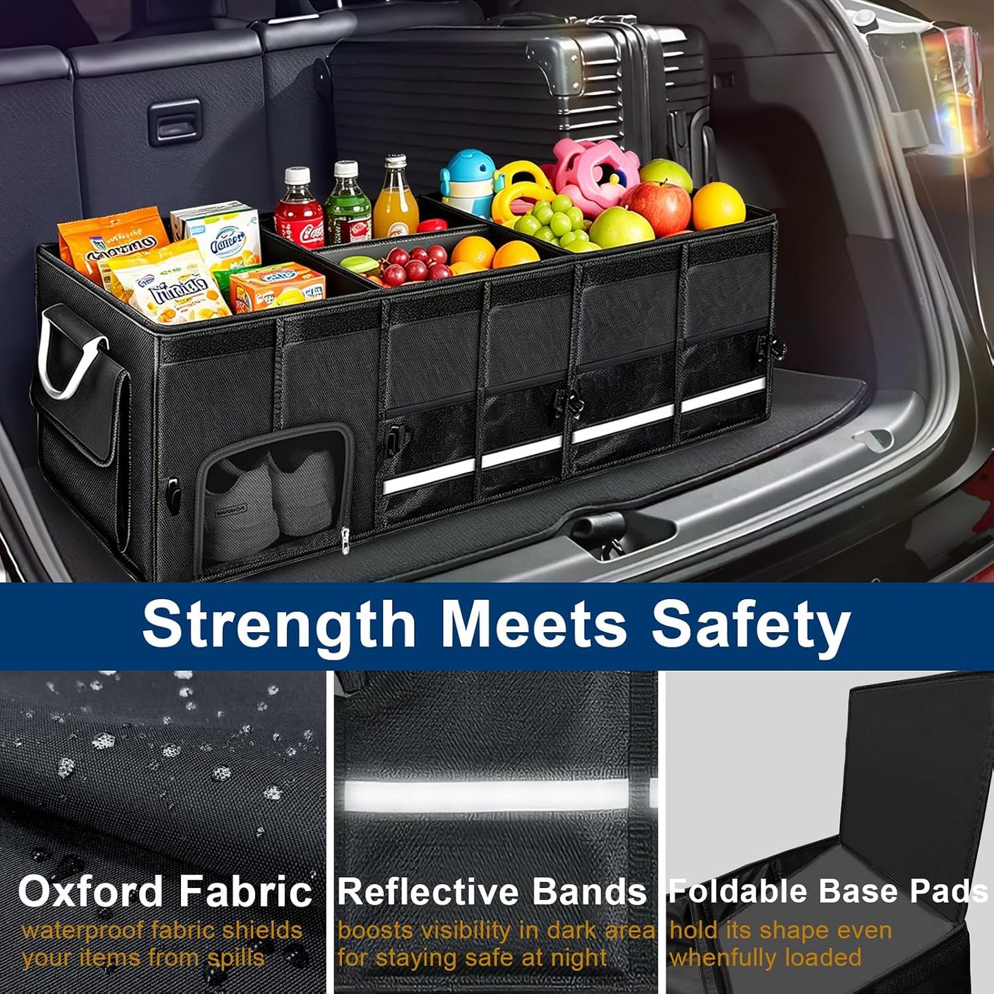 Car trunk organizer, Collapsible Multi-Compartments Car trunk Organizer with Shoes Storage Space, Reflective Strip, Perfect for Car & SUV (34.5 * 13.8 * 11.8 INCH)