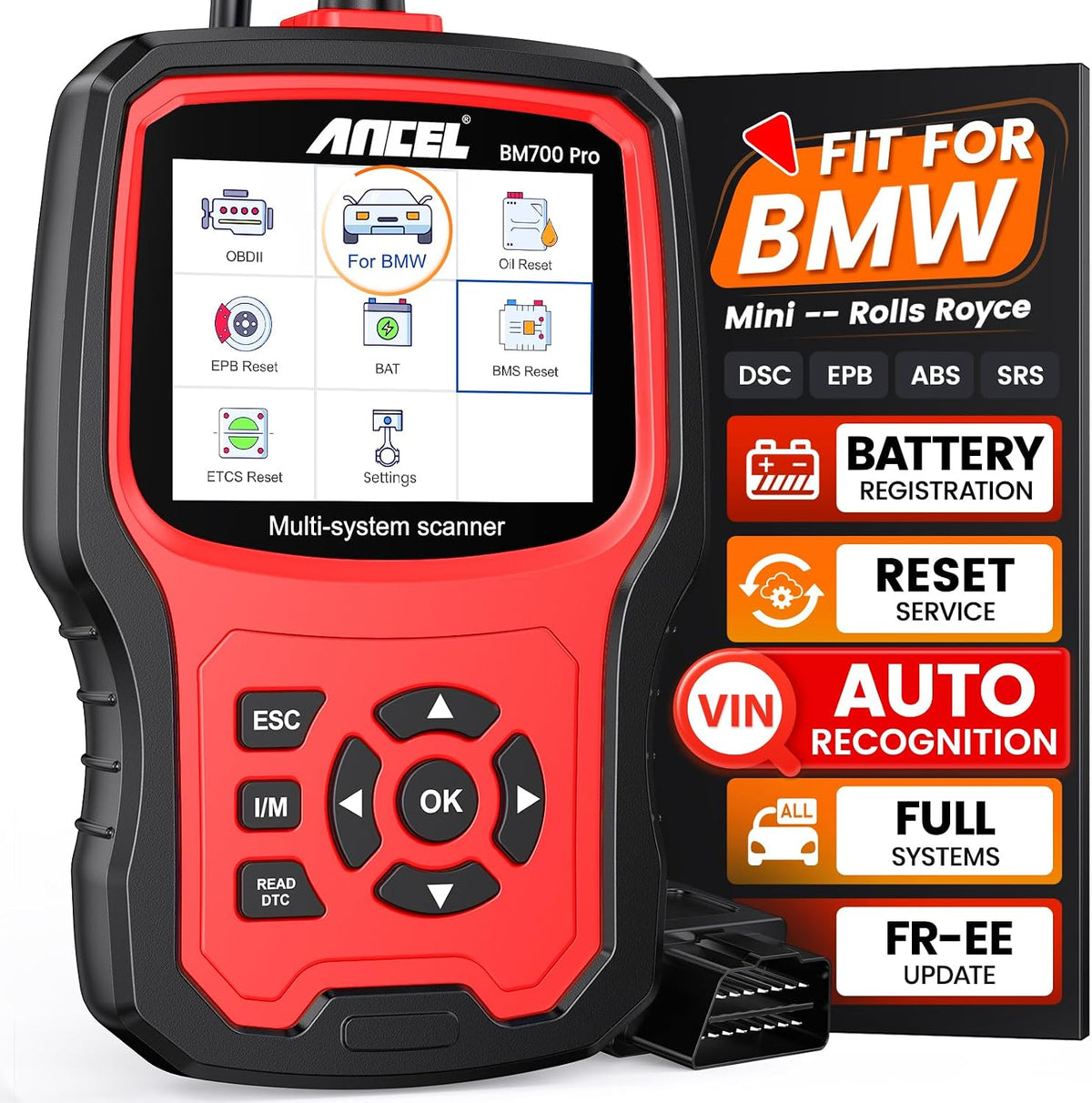 ANCEL BM700 PRO Fit for BMW Scanner - Battery Registration Tool, Code Reader for BMW/Mini/RR, Advanced OBD2 Scanner Auto V-I-N, Full System Diagnostic for BMW Scan Tool with All Reset Services (Red)
