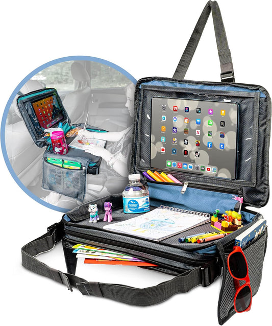 BE Family Travel Kids Car Seat Travel Organizer, Car Accessories for Children, Car Seat Snack Tray, Traveling Essentials for Kids, Toddler Lap Tray for Engaging Activities, Multipurpose Design, Blue