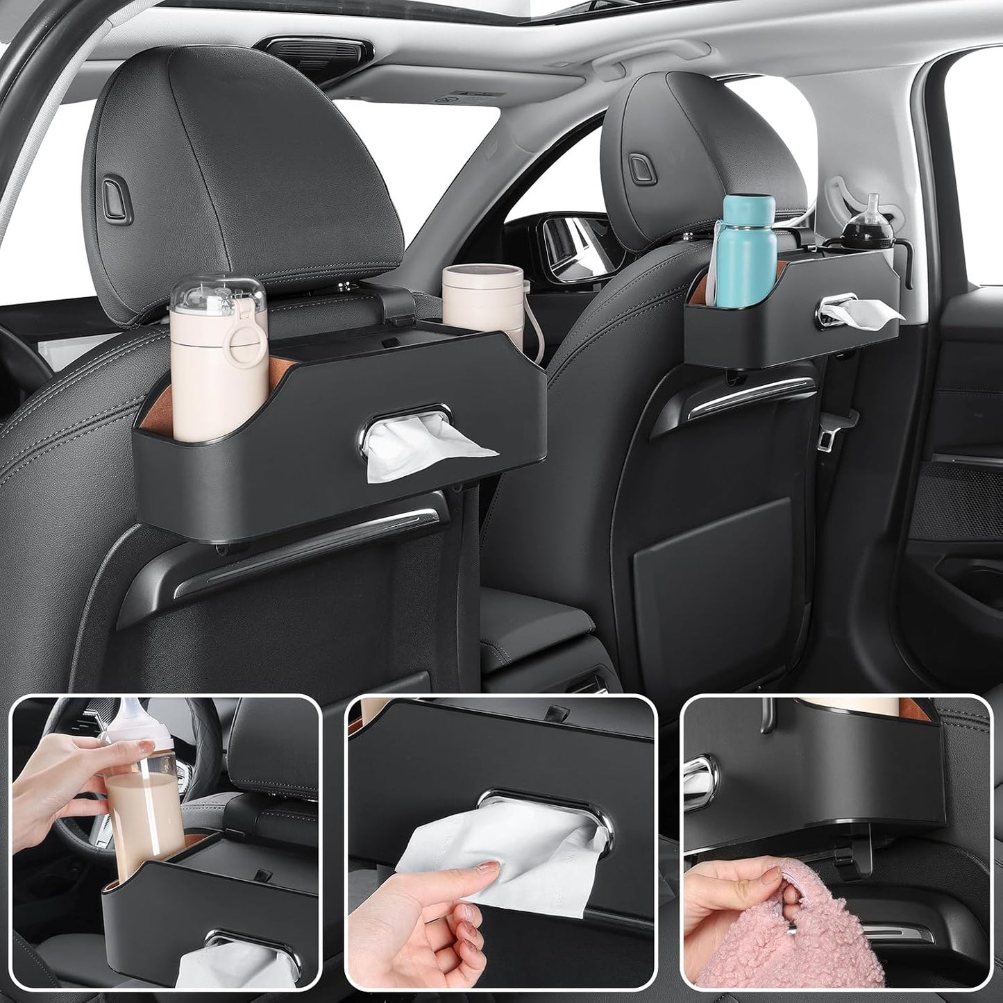 Car Rear Backseat Extra Multifunctional Drink Cup Holder Organizers with Tissue Storage Box Organizer & Hooks for Car Seat Back. Black