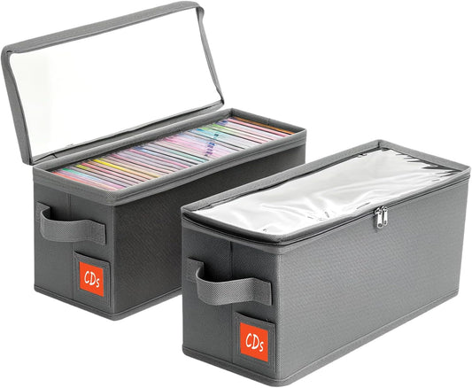 Stackable CD Holder & Storage Case - CD Storage Box Organizer with Lid & Handle - Dustproof CD Container with Clear PVC Top - 2Pack (Gray)
