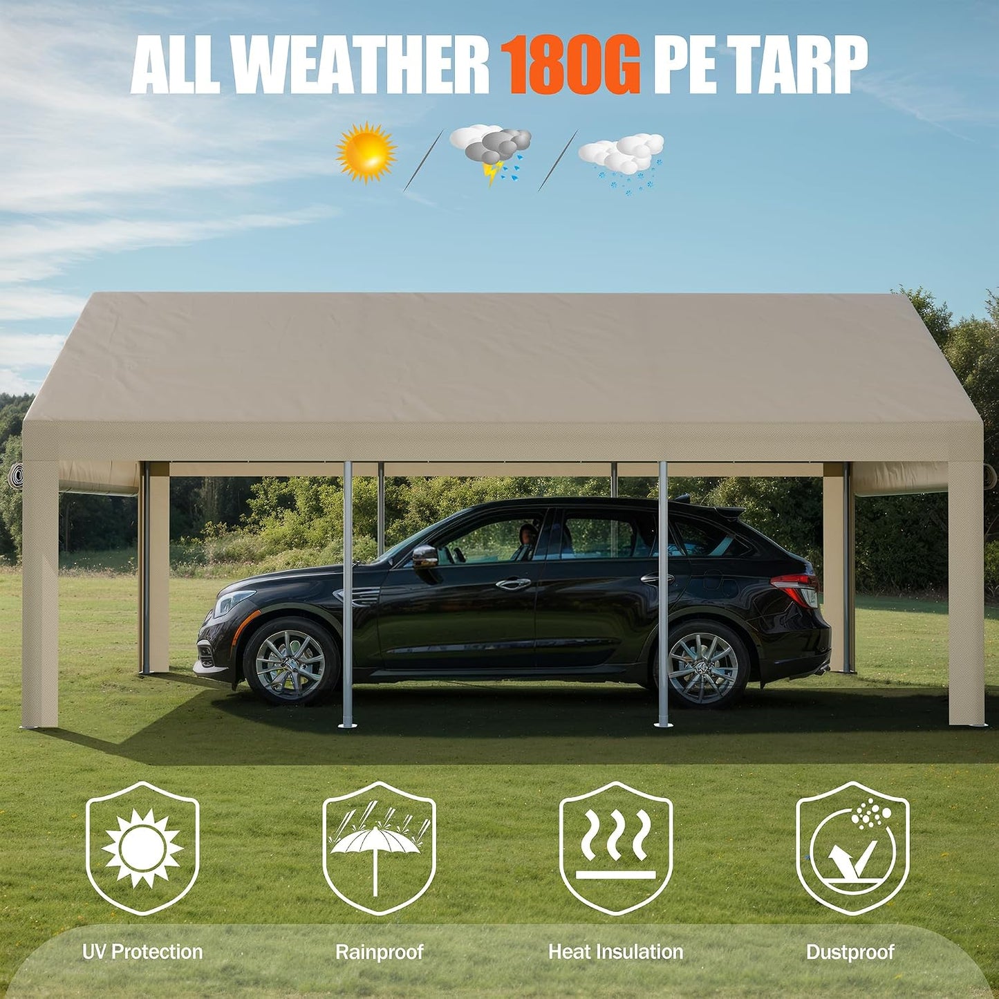 JAMFLY 12x20 ft Heavy Duty Carport with Roll-up Windows, Portable Garage with Removable Sidewalls & Doors, Car Canopy with Sandbags and All-Season Tarp for Car, Truck, Boat, Motorcycle, Khaki