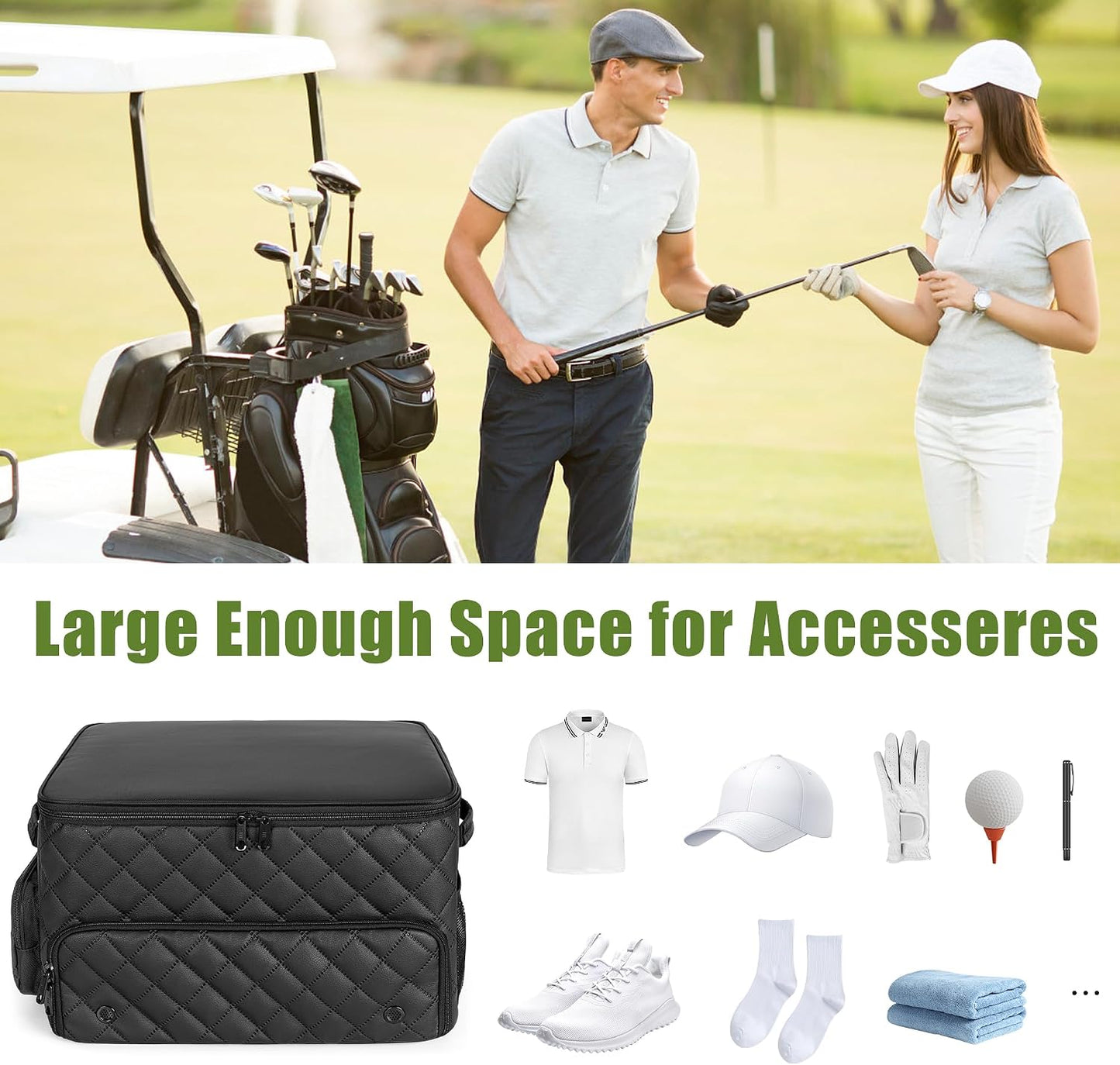 PGmoon 2 Layer Golf Trunk Organizer, Golf Car Storage Organizer with Individual Ventilated Compartment for 2 Pairs Shoes, Golf Car Locker for Balls, Clothes, Tees, Gloves, Accessories (Black)