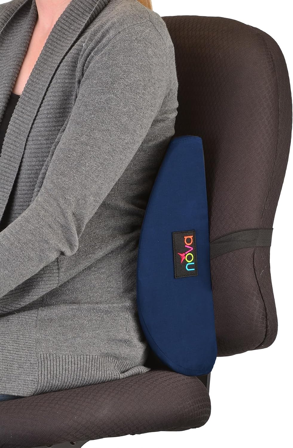 nova Lumbar Back Support Cushion – Contoured High-Density Foam Back Pillow for Office Chair, Car, Plane & Wheelchair – Adjustable Strap, Removable Washable Cover, Navy Blue (14” x 13”)
