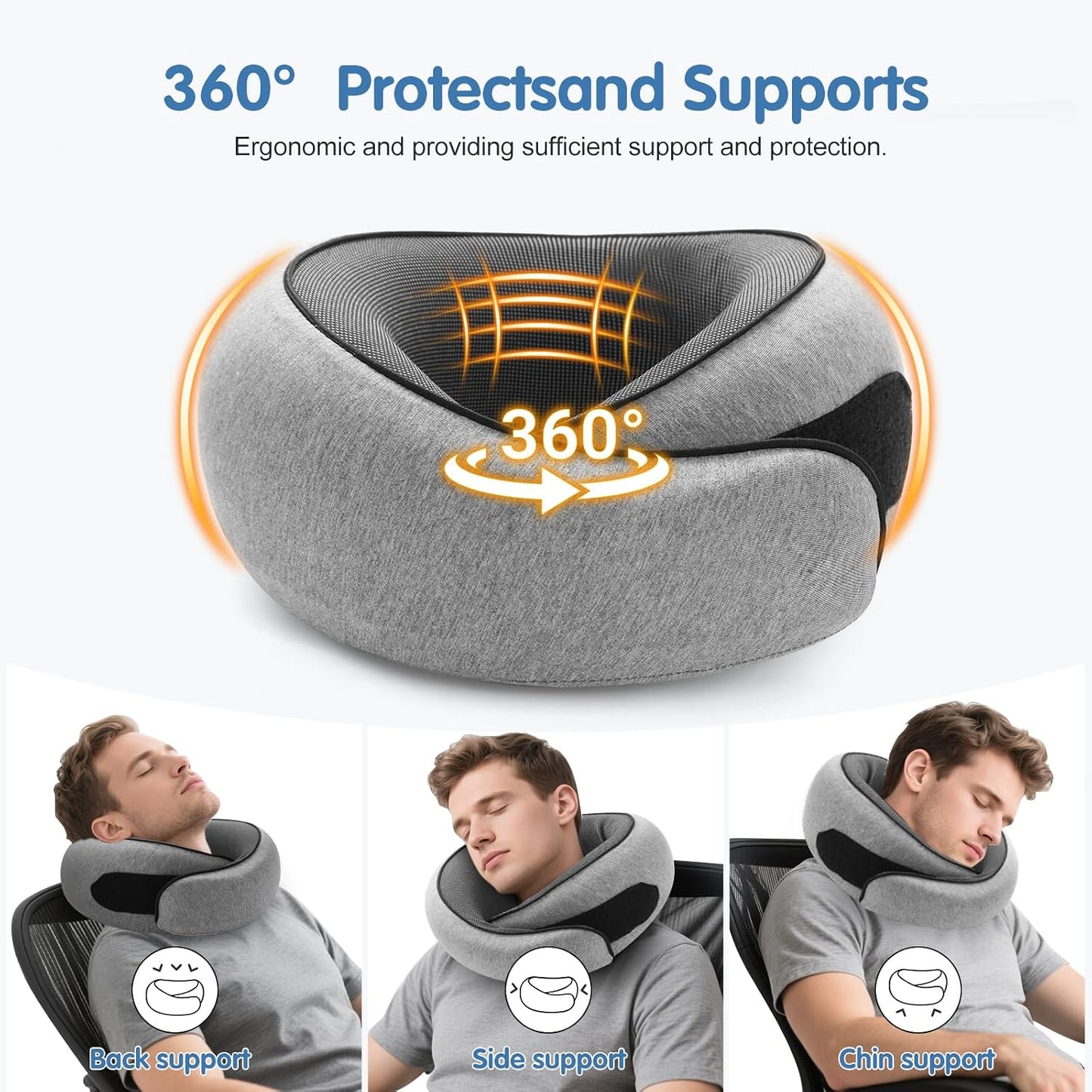 Travel Neck Pillow, Memory Foam Neck Support for Airplane, Car & Office, Breathable Portable Design with Eye Mask, Earplug Holder & Carry Bag, for Men&Women