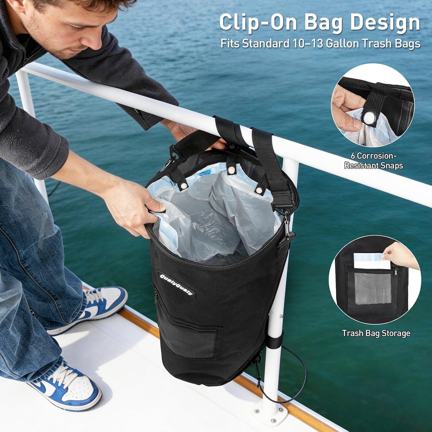 QualyQualy Portable Boat Trash Can, 100% Leak-Proof & Odor-Control Lid, 900D Marine Garbage Bag, Reusable 13 Gal Trash Bag with Snaps, Collapsible for Fishing Pontoon Boat Accessories, Kayak, RV