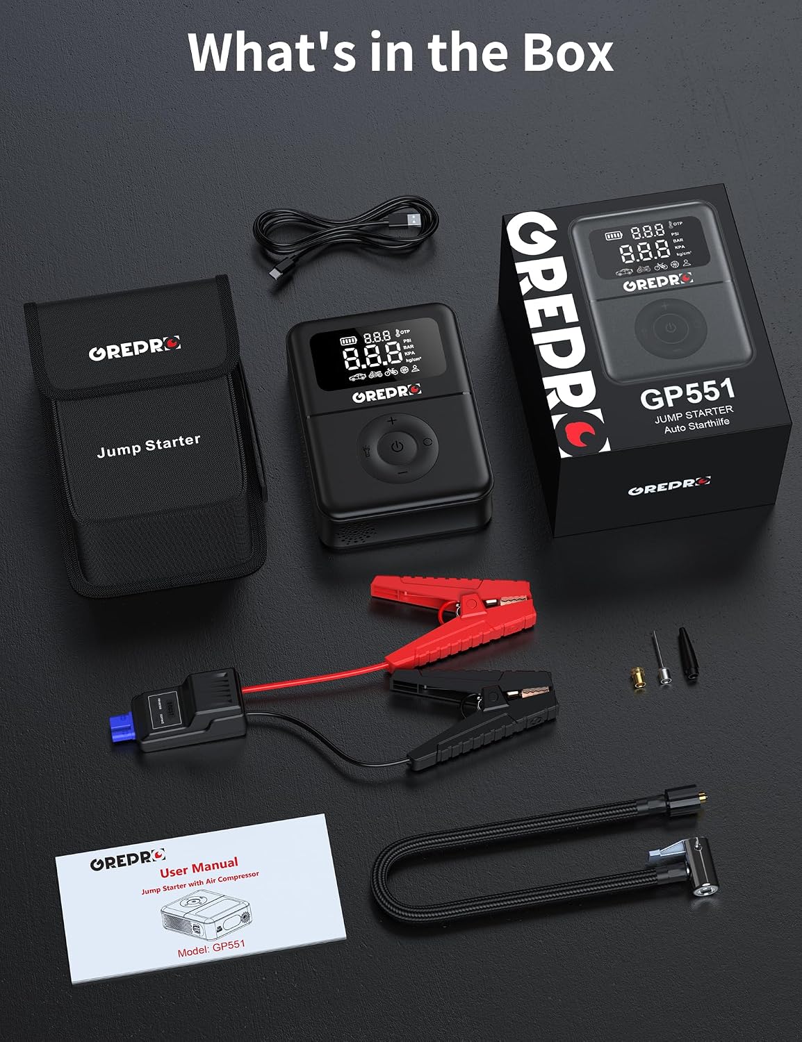 GREPRO Jump Starter with Air Compressor, 5000A Battery Jumper Starter Portable(10.0L Gas/8.0L Diesel),150PSI Tire Inflator 12V Car Battery Booster with Jumper Cables, Digital Display, LED Flashlight