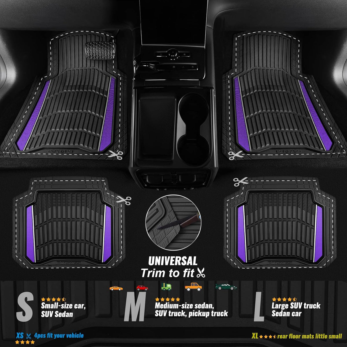 CAR PASS Heavy Rubber Car Floor Mats, Deep Waterproof Car Floor Mats All Weather, Aluminum Film Universal Trim to Fit for Cars SUV Trucks Sedans, Anti-Slip, Black Purple Metallic