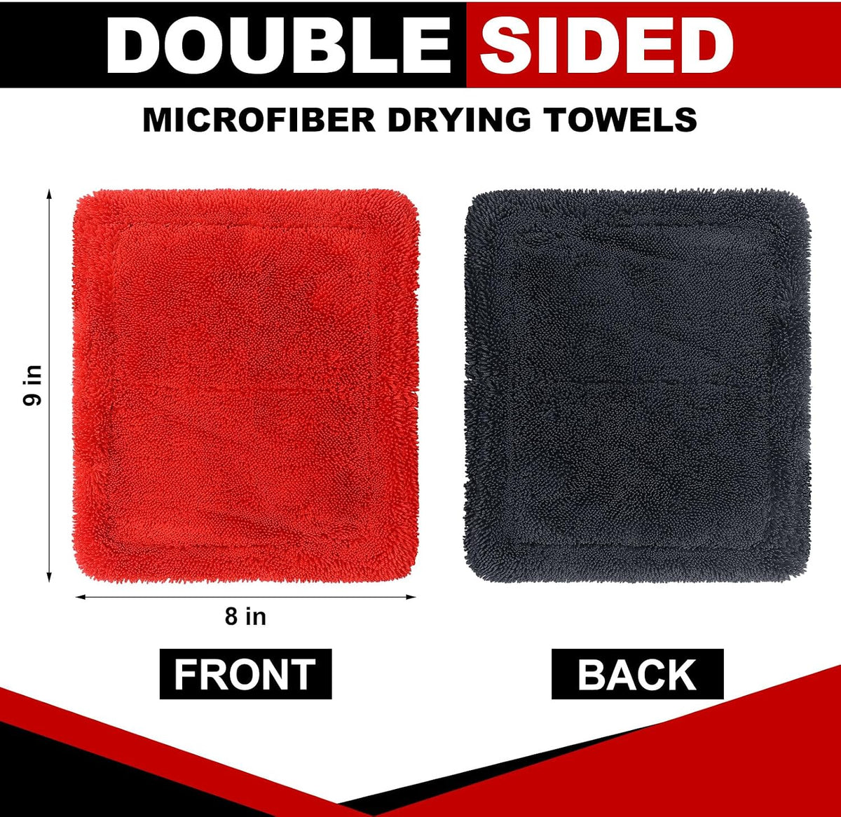Hahafelt Microfiber Car Drying Towel 6-Pack, Dual-Sided Double-Twist Pile Wash Pad for Cars Detailing, Streak-Free Cleaning for Auto Glass Windows Wheels, Reusable Car Care Cloth, 9'' x 8''