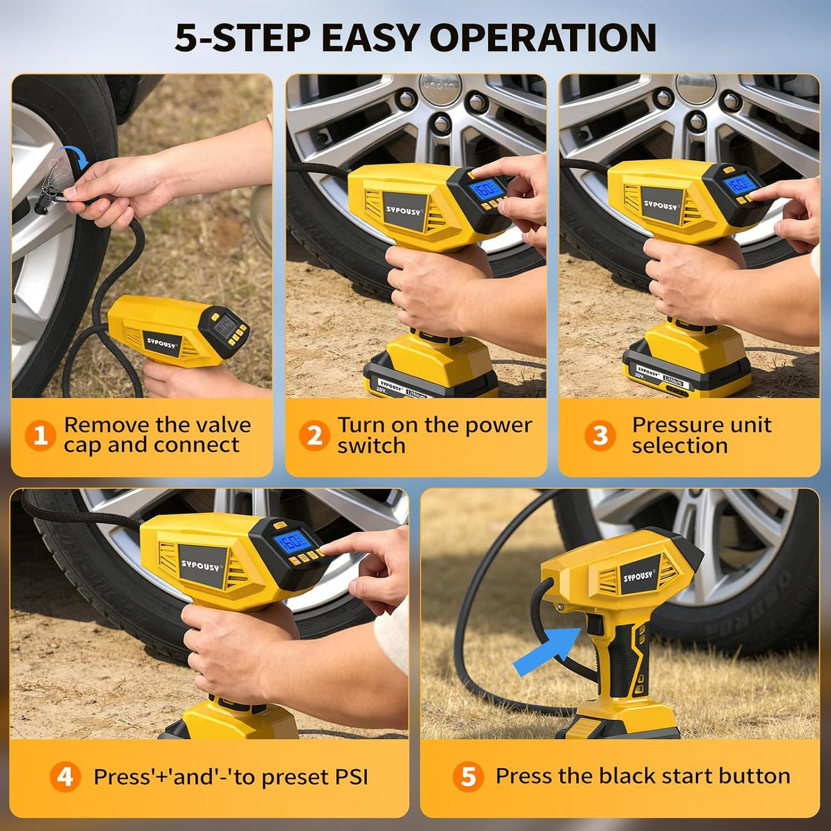 Cordless Tire Inflator Portable Air Compressor 160PSI 12VDC & 20V Battery
