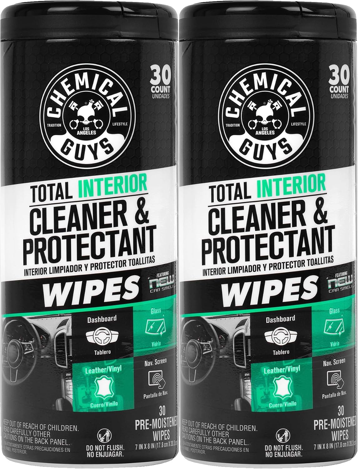 Chemical Guys Total Interior Cleaner and Protectant Wipes Canister, New Car Smell - All Surface Interior Cleaning Wipes for Dash Seats Door Panels Leather Vinyl & Fabric - Fresh New Car Scent, 2 Pack