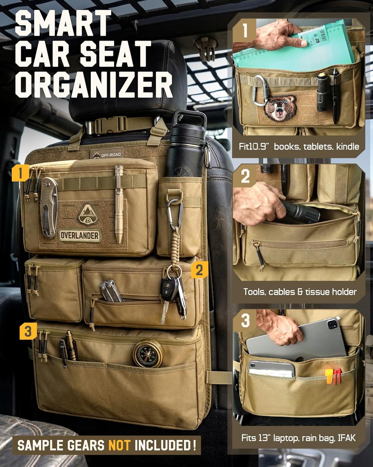 All in One Car Seat Back Organizer Fit Most Cars SUV Trucks Jeeps | Heavy Duty Molle Panel Seat Back Protector with Multi-Pockets Storage, for Tools, Toys, Camping, Travel, Daily Commuting