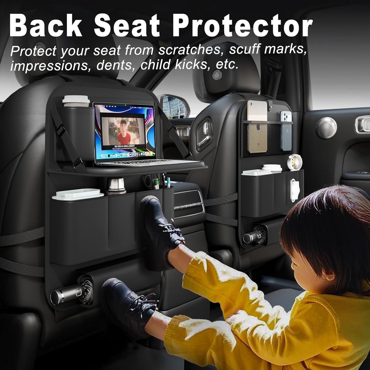 XDV Car Seat Organizers,Multi-functional Back Seat Protectors, Storage Pouches, Child kicking prevention and Tray Holders (for Cars, Kids, Seat Back and Rear Seats) (Black, 1 Pcs)