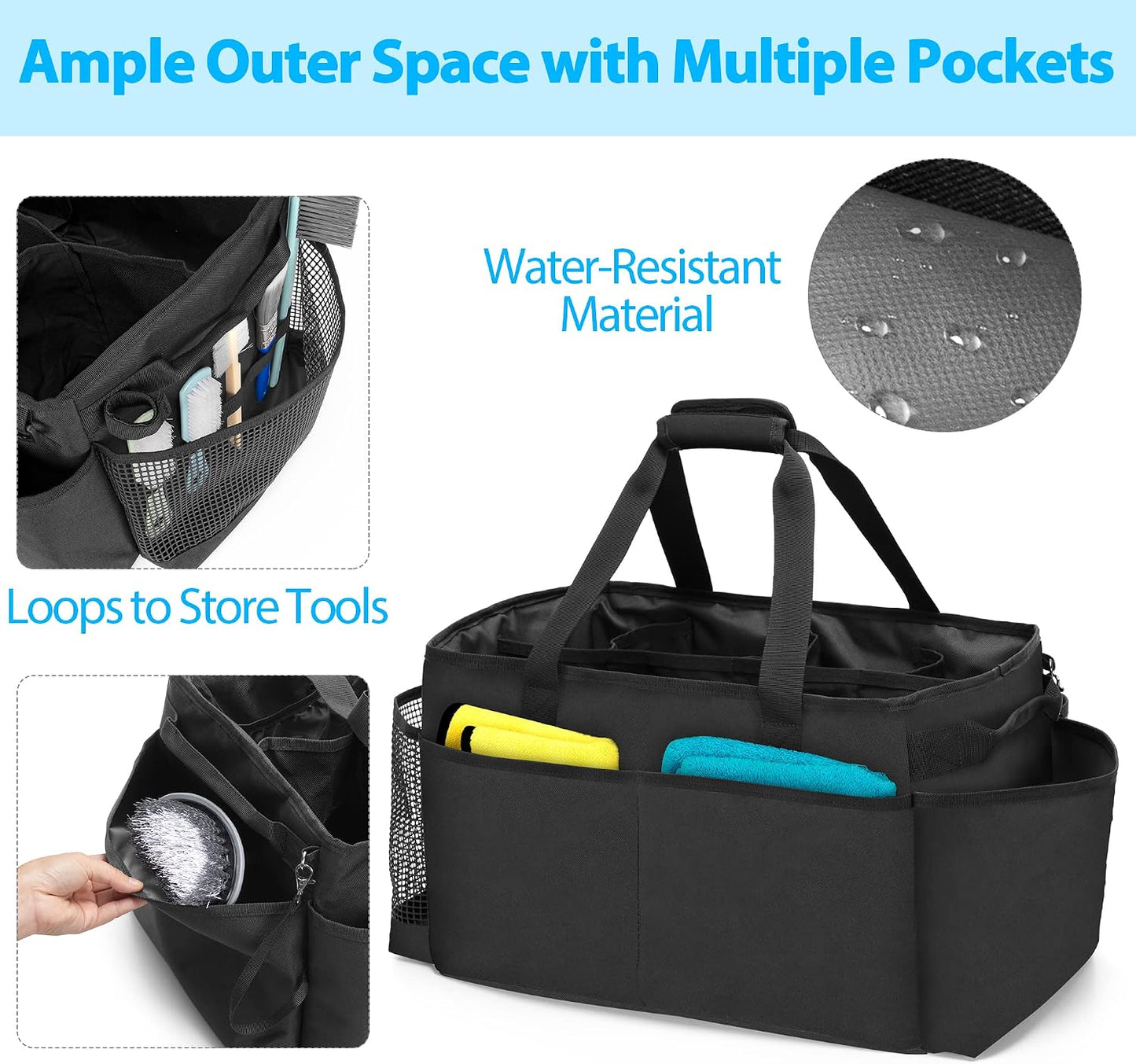 HODRANT Extra-Large Cleaning Caddy with Handles & Multi Pockets | Large Capacity Tote Bag for Cleaning Tools & Products Storage, Cleaner Organizer for Car, Home & Housekeeping Work, Black