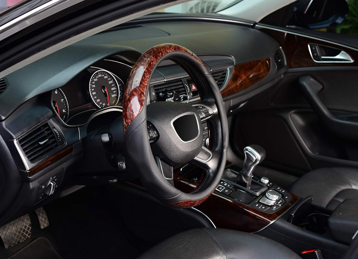 KAFEEK Wood Grain Steering Wheel Cover, Microfiber Leather, 15 Inch