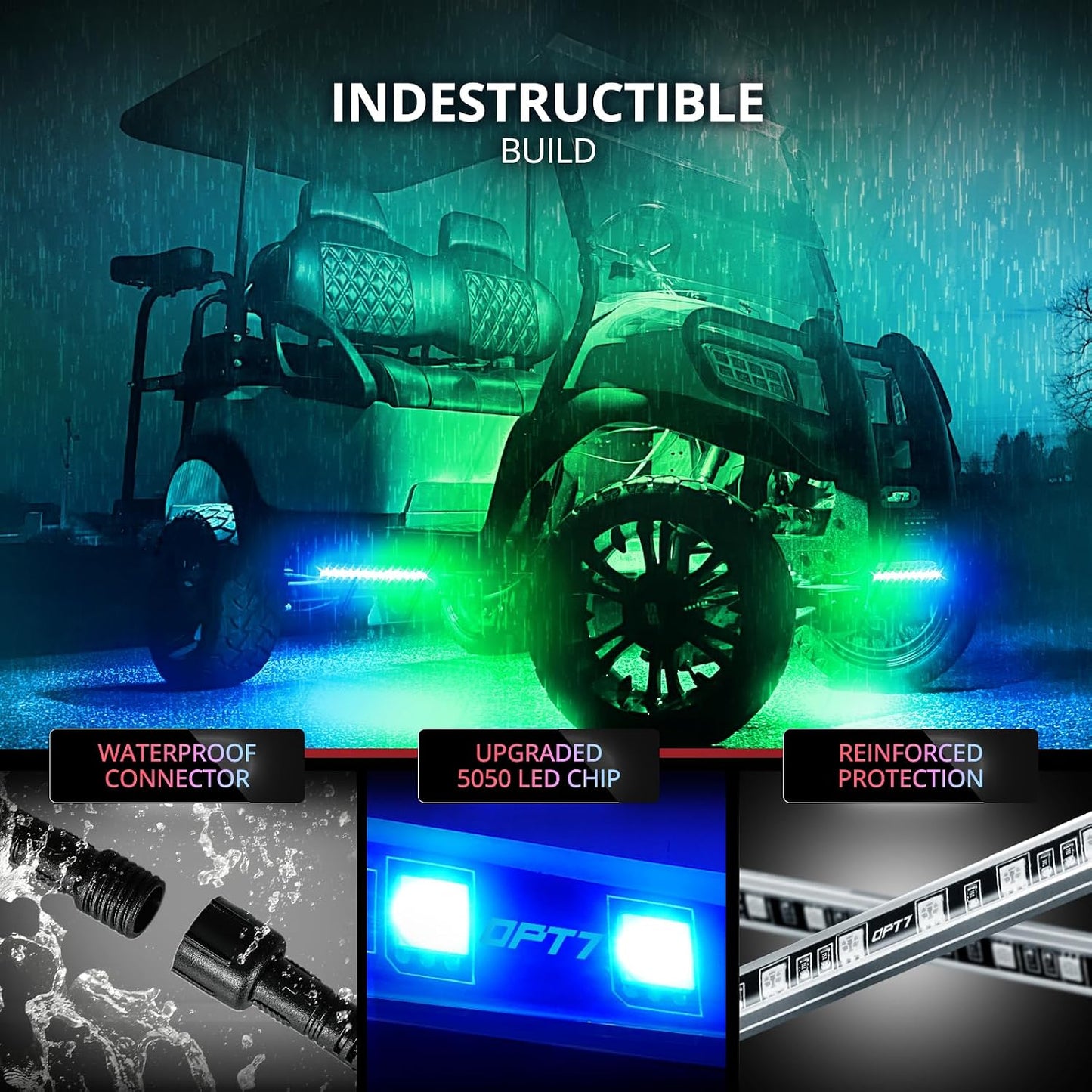 OPT7 Aura DreamColor 12V Golf Cart Underglow Chasing Light w/APP & Remote | Waterproof Rigid Aluminum Case, RGB-IC LED Bar, Sound Sync Lighting, Outdoor Accent Lights, EZGO Yamaha Club Car Accessories