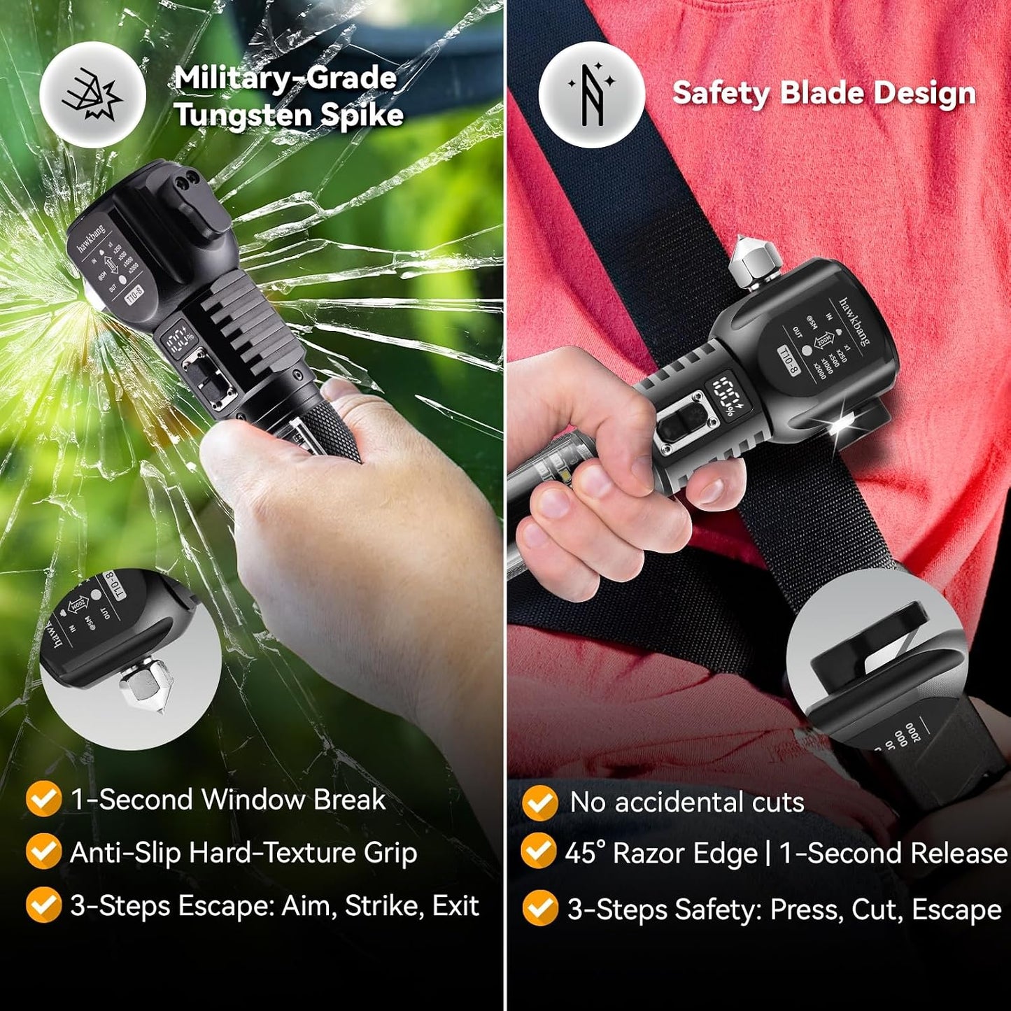 18-in-1 Car Emergency Flashlight, Window Breaker Seatbelt Cutter | 800LM solar/usb flashlight, magnetic base, emergency power bank, electric lighter, 120dB alarm & compass. Ideal driver gift