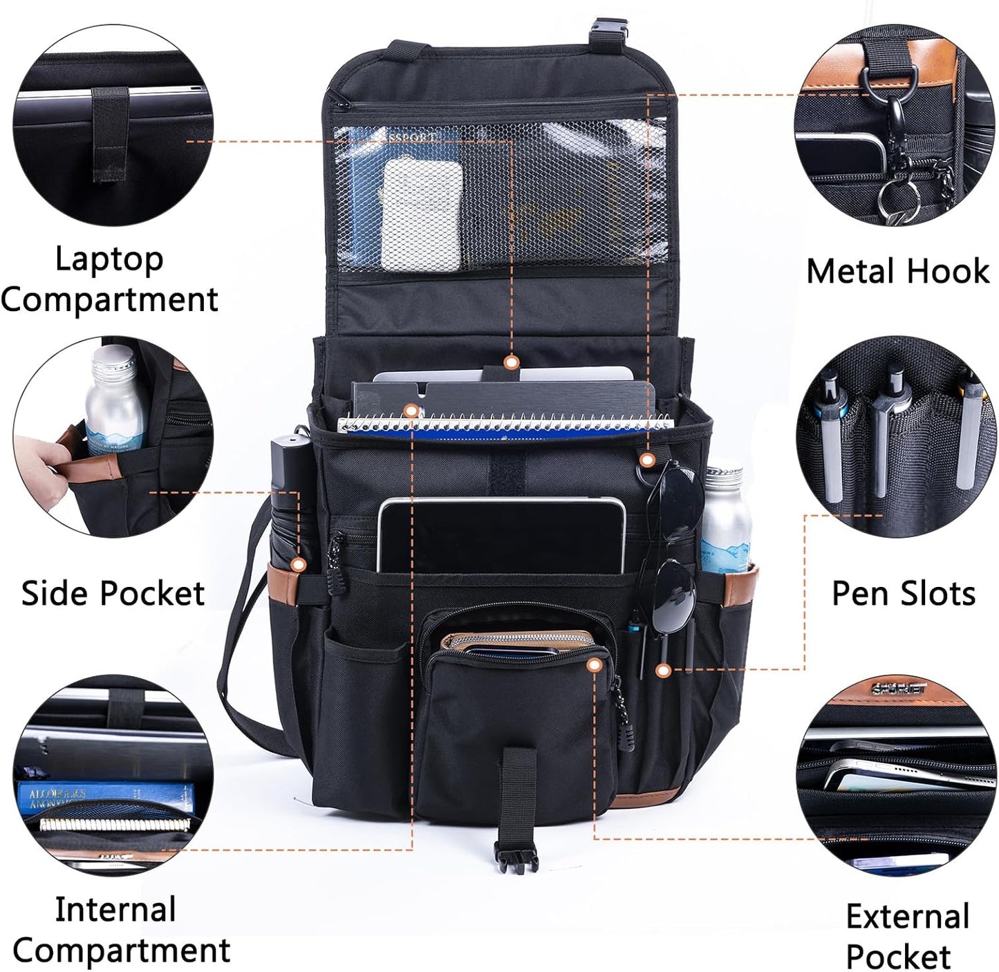 Car Seat Organizer with Lid and Laptop Compartment (Fits 15.6"), Front Seat Passenger Organizer with Adjustable Strap, Multiple Pockets, Portable Office Bag, Water-Resistant 1200D Polyester
