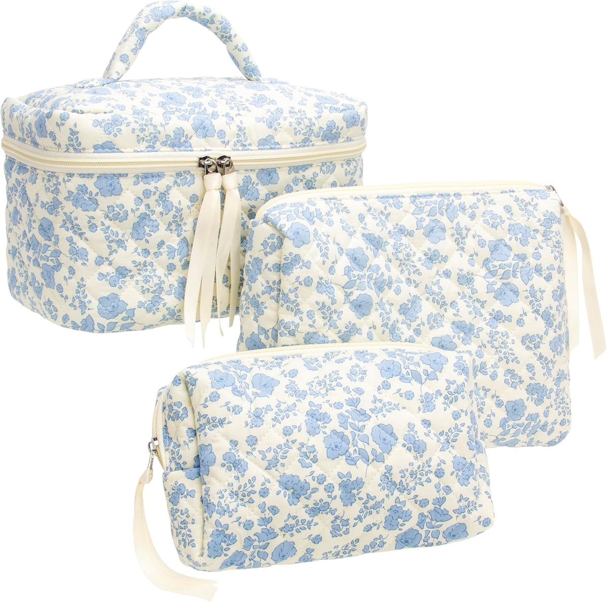 3 Piece Quilted Makeup Bag Set for Women,Cosmetic&Toiletry Bag,Flower Blue